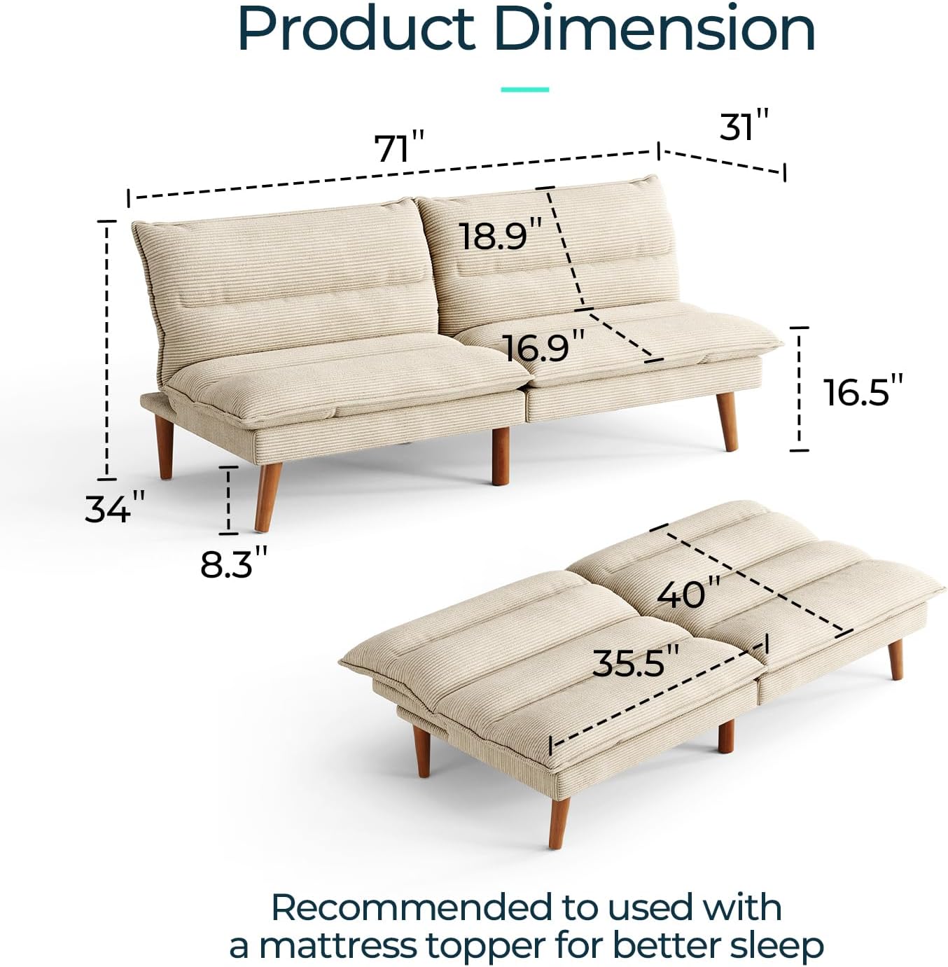 LINSY HOME Futon Sofa Bed - Convertible Corduroy Futon Couch Bed with Adjustable Backrest, Modern Small Loveseat Sleeper Sofa for Small Spaces, Living Room, Apartment or Office (Beige)