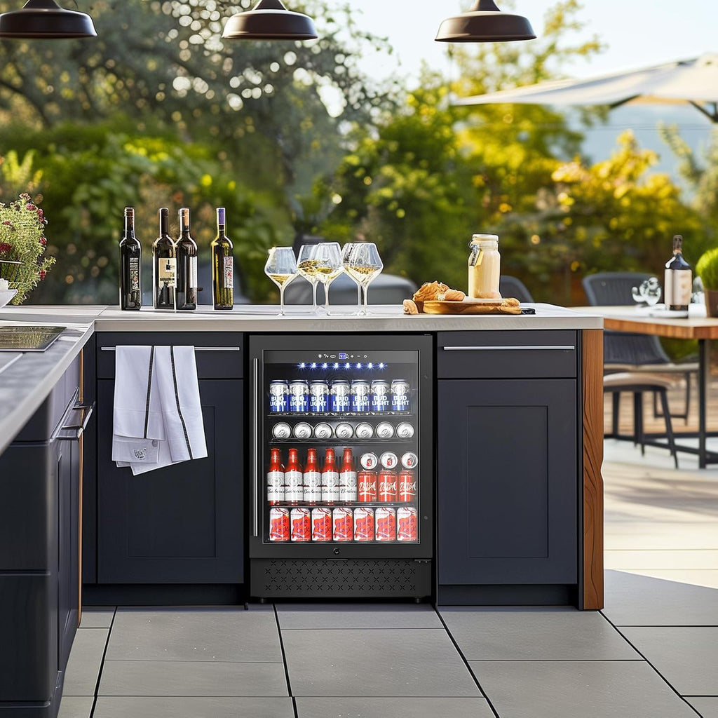 Tylza Beverage Refrigerator 24 Inch, Under Counter/Freestanding Drink Fridge, 190 Cans Beverage Cooler with Glass Door, Reversible Door, Low Noise, Quick Cooling - for Beer, Soda, ETC, Black