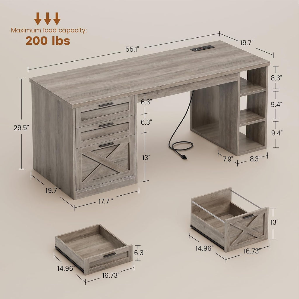 SEDETA 55.1' Executive Computer Desk with 3 Drawers, Farmhouse Office Desk with File Drawer & Storage Shelves, Executive Desk with Power Outlet for Home Office, Grey