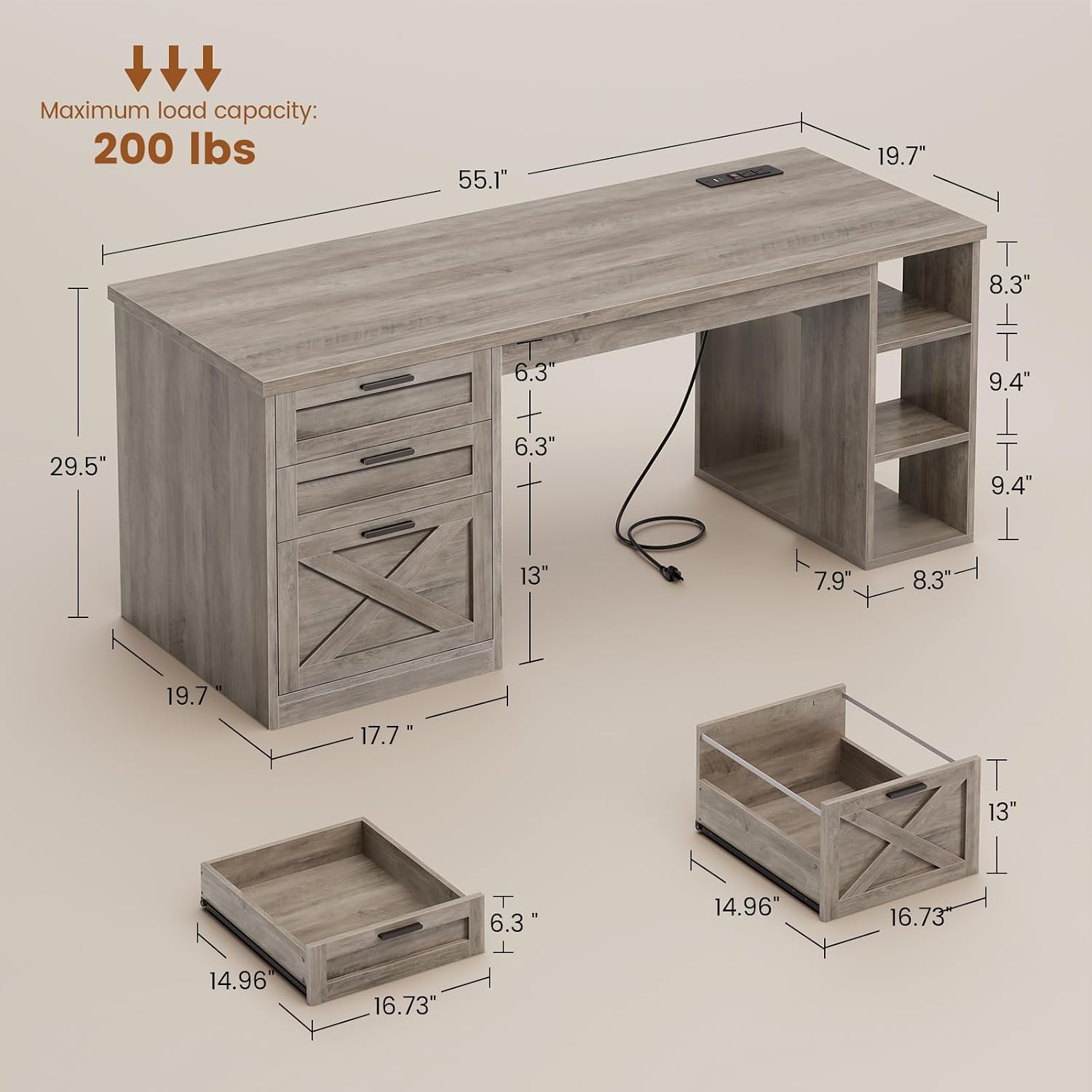 SEDETA 55.1' Executive Computer Desk with 3 Drawers, Farmhouse Office Desk with File Drawer & Storage Shelves, Executive Desk with Power Outlet for Home Office, Grey