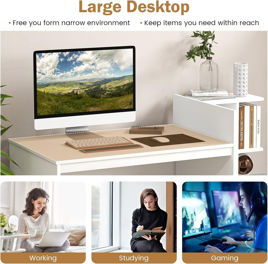 Tangkula White Desk with 2 Storage Drawers & Bookshelf, Home Office Desk with Corner Bookshelf & Printer Stand, Small Writing Study Desk for Small Space, Modern Vanity Table for Bedroom (White)