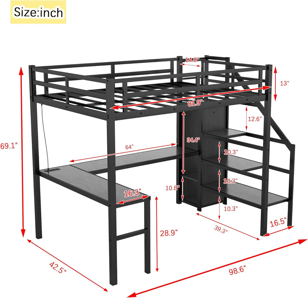 Metal Twin XL Size Loft Bed with Desk and Wardrobe,Heavy Duty Loft Bed Frame with Storage Stairs,LED Lights and Charging Station for Kids,Teens,Adults,Space Saving,Black