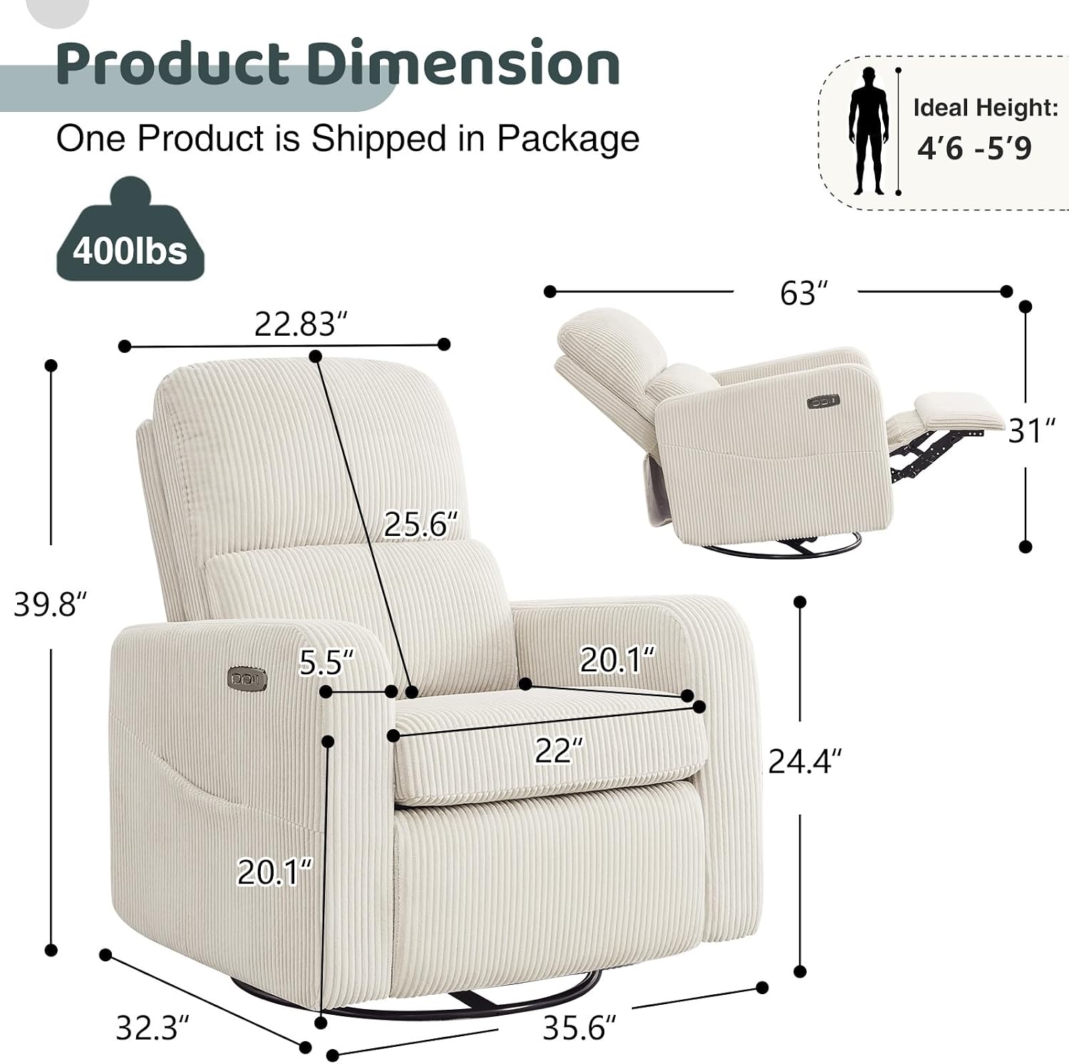 Swivel Rocker Recliner, Oversized Power Recliner Glider with Removable Cushion, Upholstered Swivel Reclining Nursery Chairs for Living Room Bedroom, Corduroy White