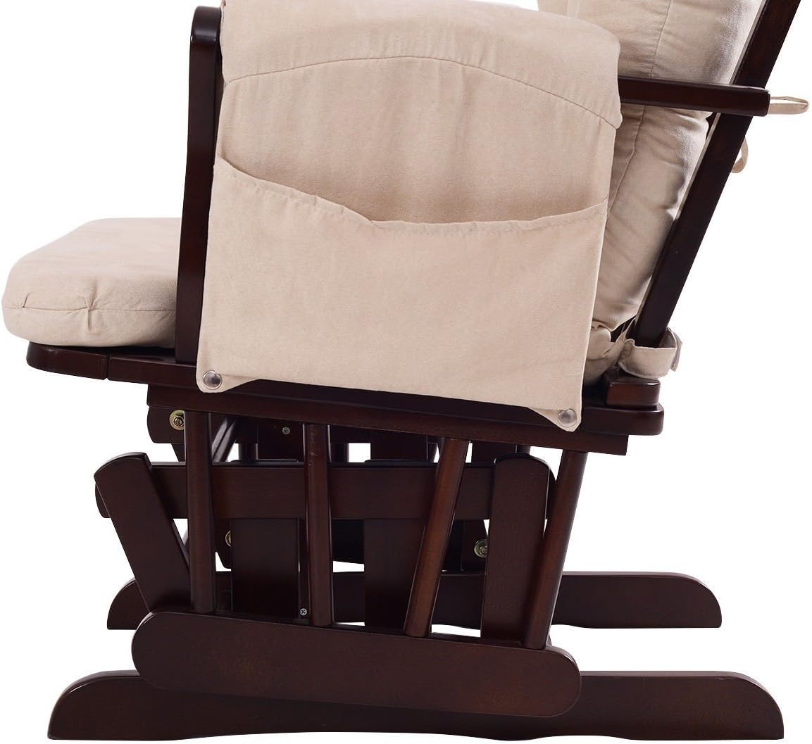 Rocking Chair Wood Heavy Duty Rocking Chair with Ottoman Cushion Set Baby Nursery Rocking Chair Glider with Adjustable Backrest for Living Room (Beige)