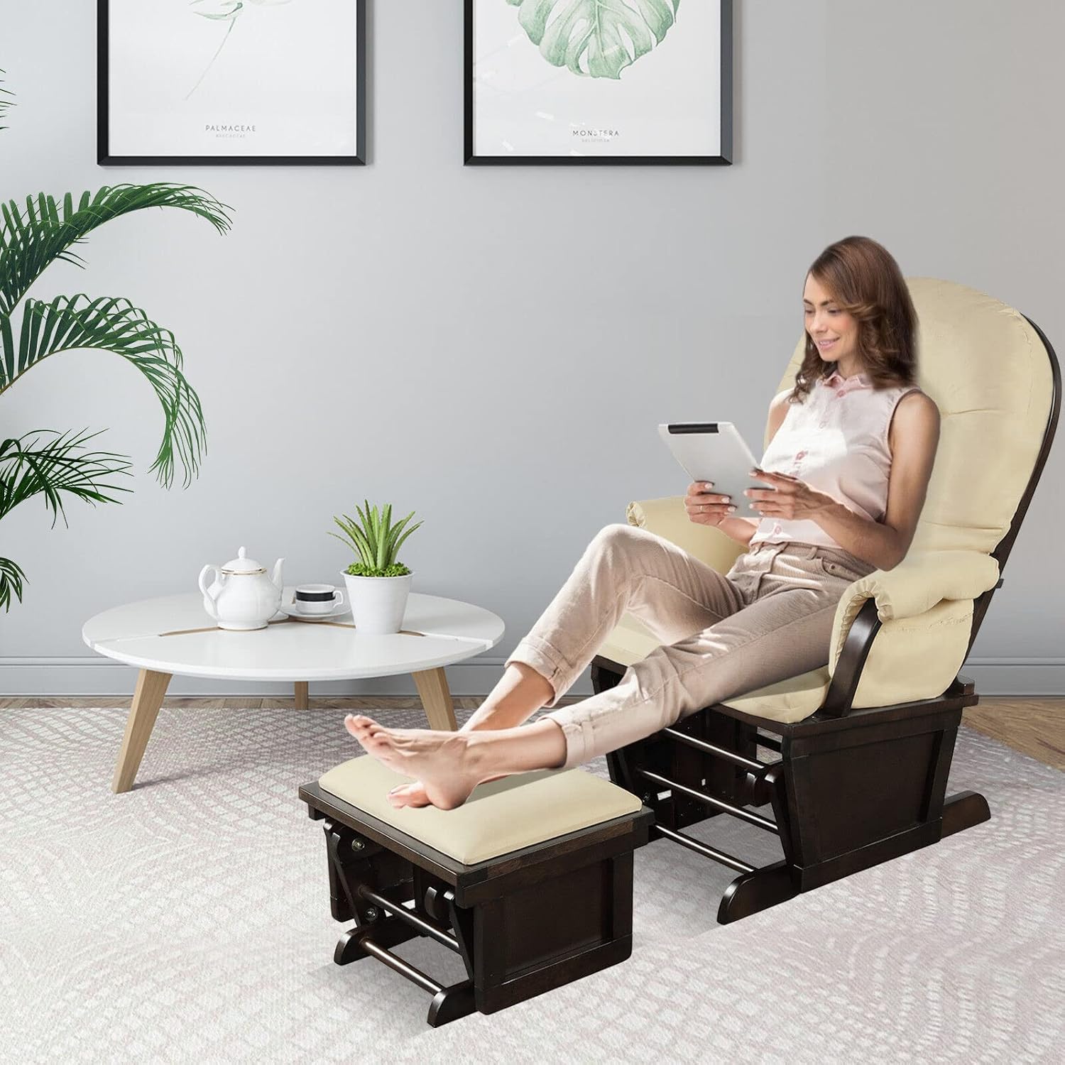 Comfortably Enjoy Rocking Chair Solid Practical Wood Construction, Incredibly Smooth Quiet Gliding Baby Nursery Relax Chair Glider Ottoman Set with Cushion