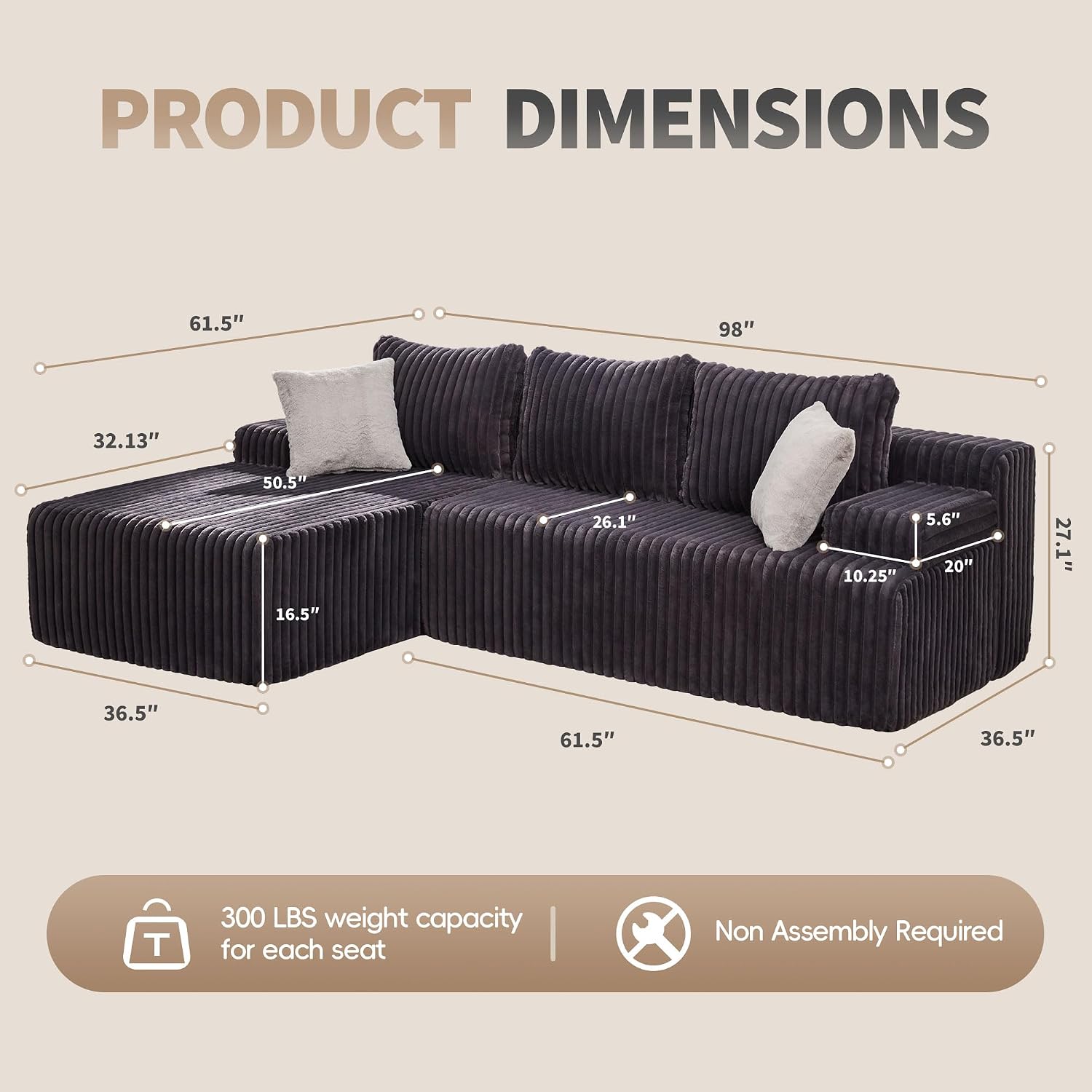Modular Sectional Sofa Couches L-Shape Couch 3 Seat Modular Sofa Memory Foam Sectional Couches for Living Room, Cloud Couch with Oversized Chaise (Grey Stripe, 98' Left Facing Chaise)