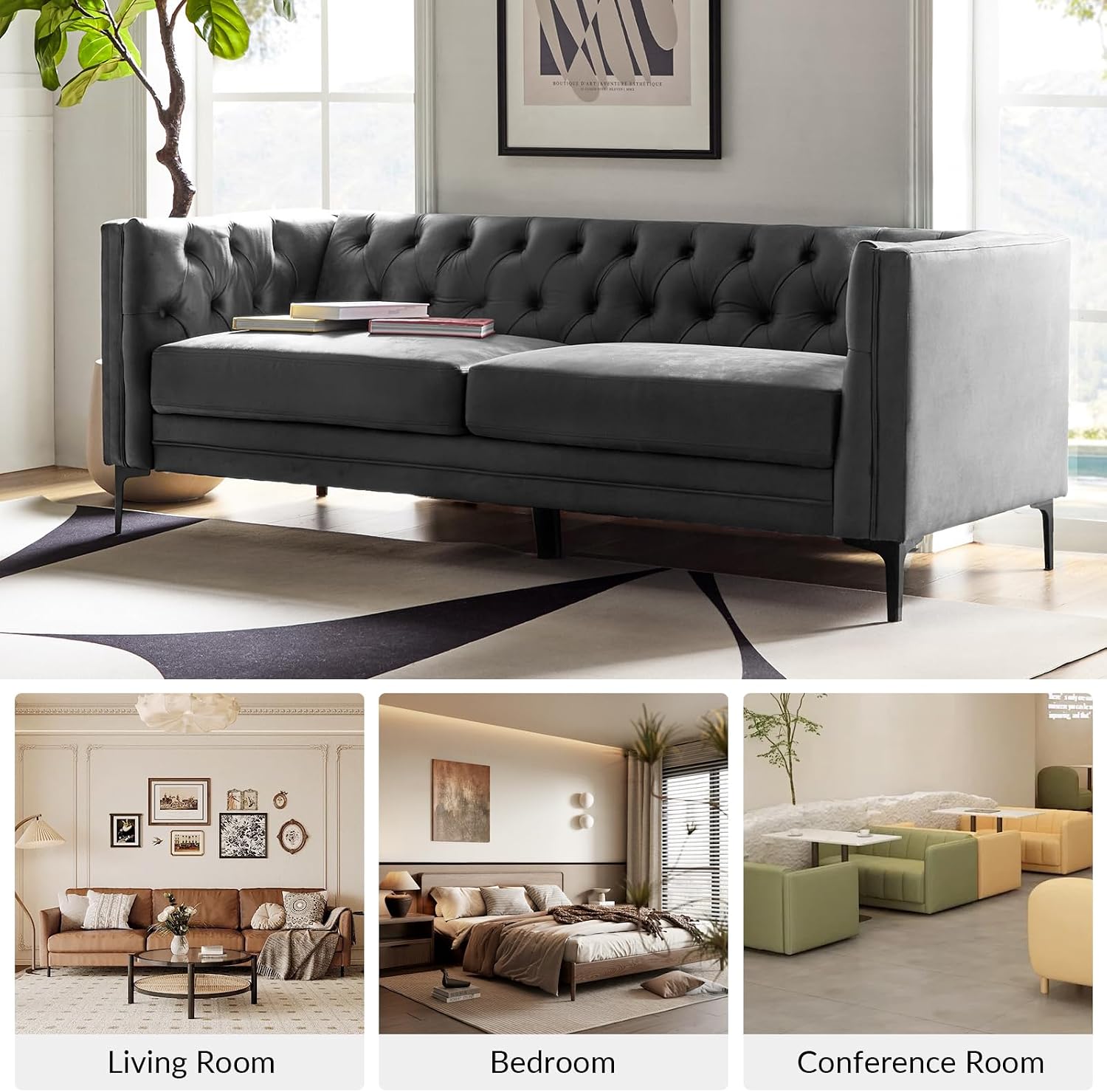HULALA HOME 84' W Faux Leather Sofa Couch with Metal Legs, Button-Tufted 3-Seater Sofa, Mid Century Modern Contemporary Upholstered Couch for Living Room, Entertainment Area, Apartment,Grey