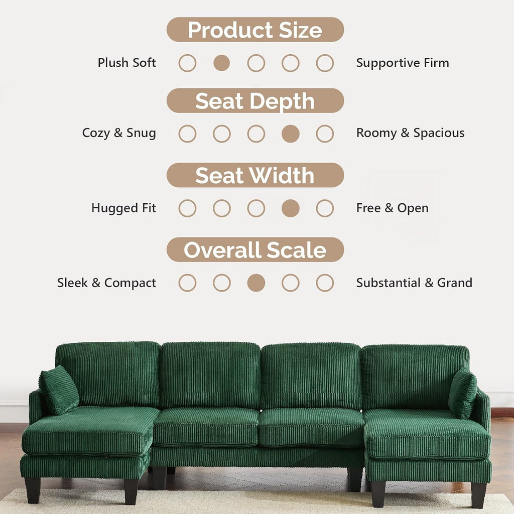 VINGLI 108' W U-Shaped Sectional Couches for Living Room, Sturdy Wooden Armrest Corduroy Cloud Couch with Double Chaise, High Support Modern 4-Seat Sectional Sofa for Apartment, Offices, Dark Green
