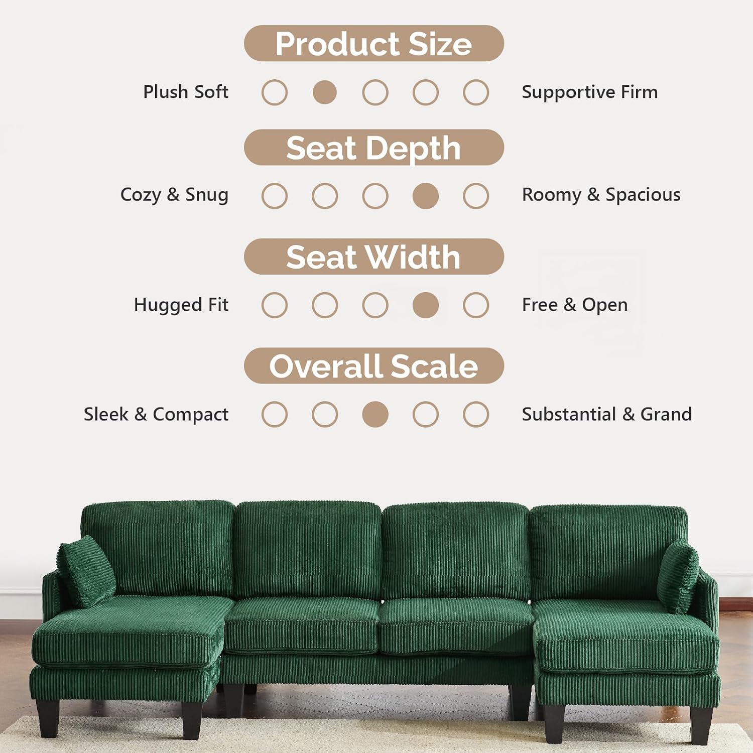 VINGLI 108' W U-Shaped Sectional Couches for Living Room, Sturdy Wooden Armrest Corduroy Cloud Couch with Double Chaise, High Support Modern 4-Seat Sectional Sofa for Apartment, Offices, Dark Green