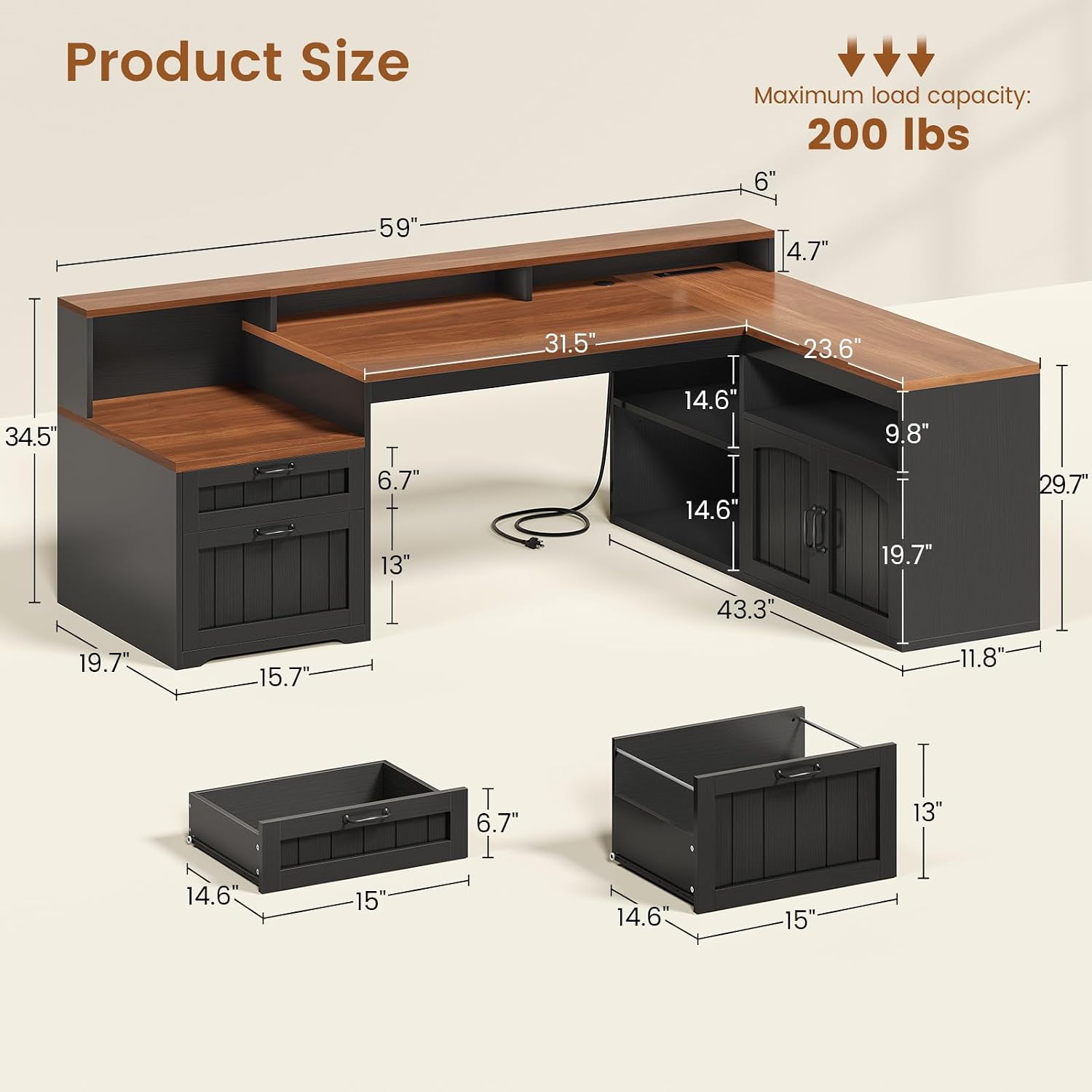 SEDETA 59' L Shaped Desk with Drawers, Farmhouse Corner Computer Desk, Wood Office Desk with File Drawers with Storage, Home Office Desks with Monitor Stand and Storage Cabinet, Brown and Black