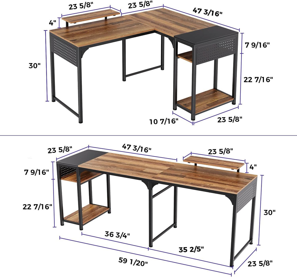 It's_Organized Reversible L Shaped Desk with Monitor Stand,58x47 inch Corner Desk,Study Writing Computer Table with Storage Shelves for Home Office,Rustic Brown/Black