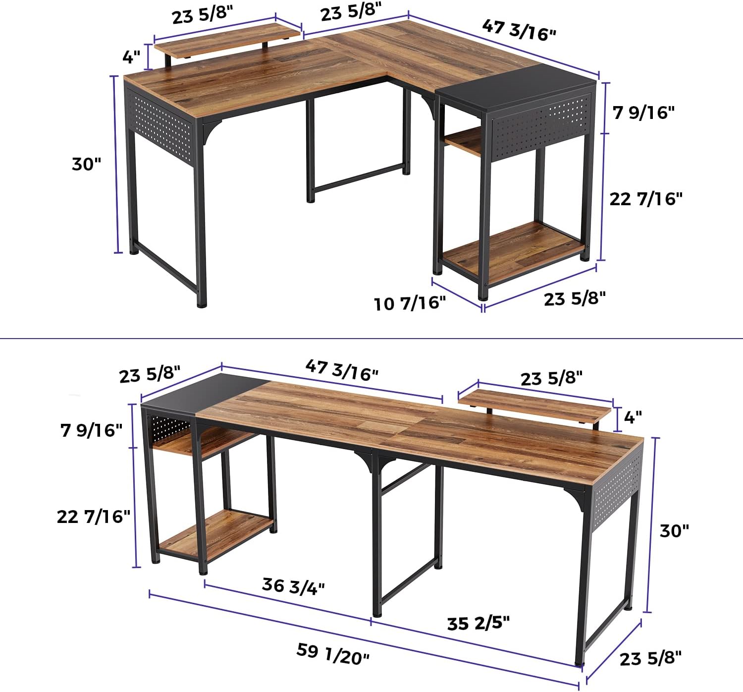 It's_Organized Reversible L Shaped Desk with Monitor Stand,58x47 inch Corner Desk,Study Writing Computer Table with Storage Shelves for Home Office,Rustic Brown/Black