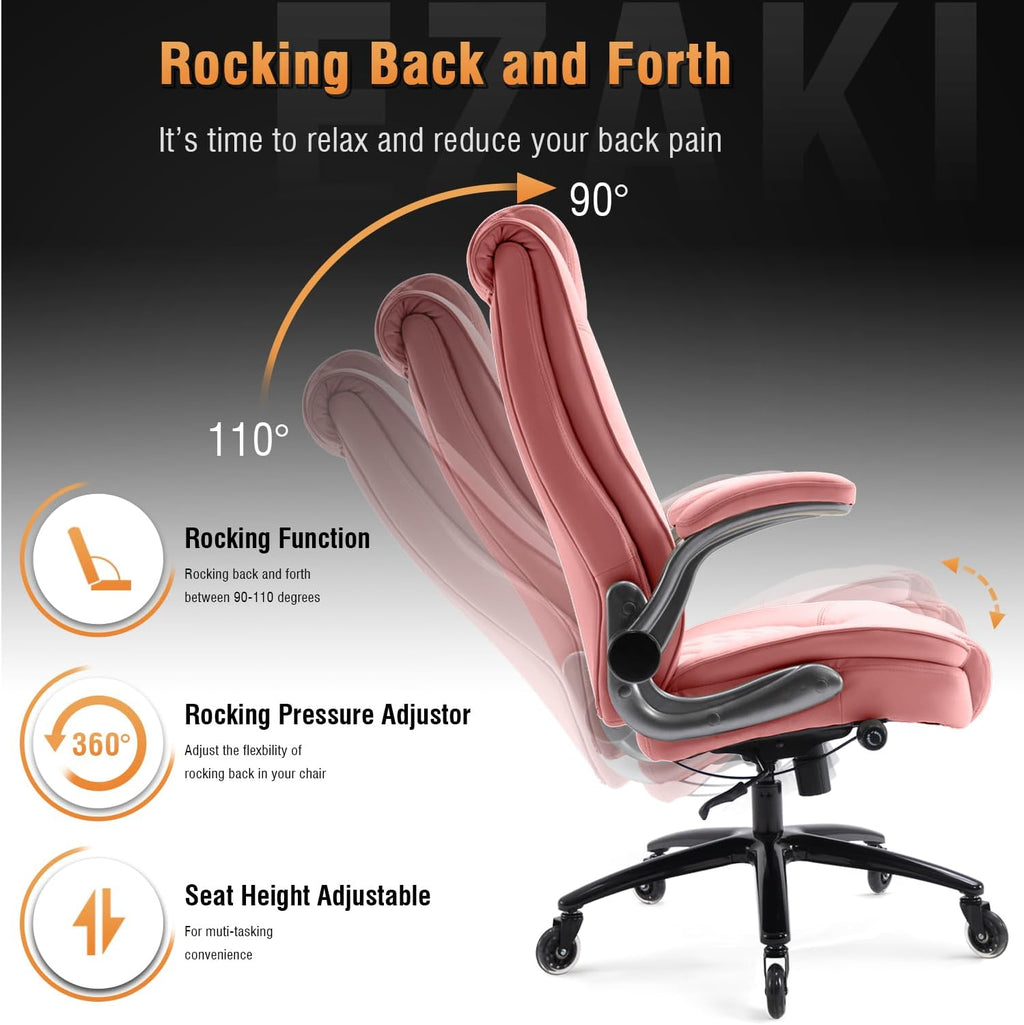 High Back Office Chair- Flip Arms Adjustable Built-in Lumbar Support, Executive Computer Desk Chair Work Chairs, Thick Padded Strong Metal Base Quiet Wheels, Ergonomic Design for Back Pain
