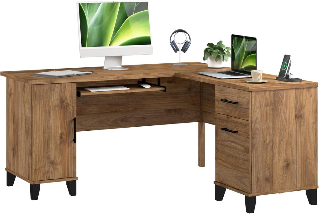 Bush Home 60-Inch L-Shaped Desk with Storage, Corner Computer Office Desk with Drawers and Storage Cabinet, Home Office Furniture, Somerset Collection, Fresh Walnut