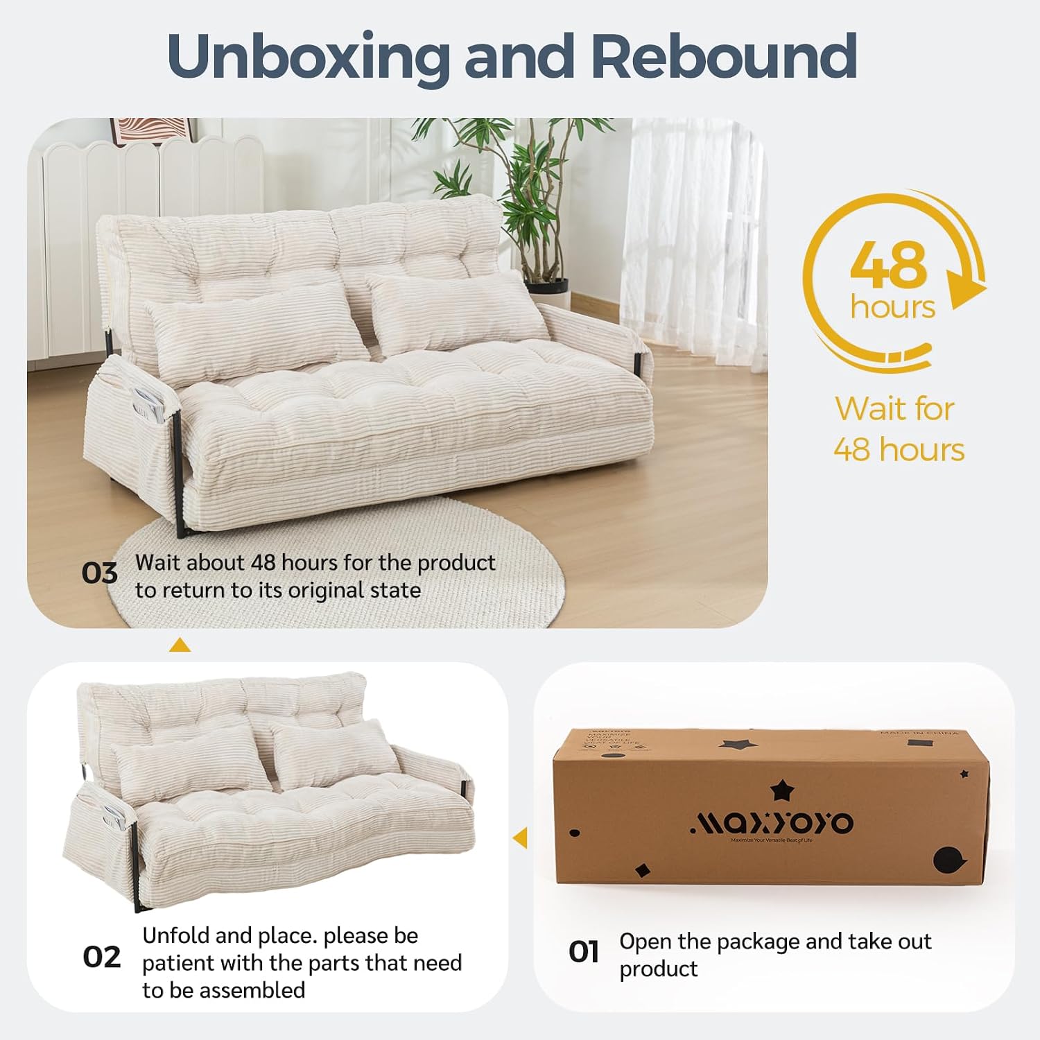 MAXYOYO Adjustable Floor Sofa Couch with 2 Pillows, Multi-Functional Bean Bag Bed, 5-Position Foldable Lazy Sofa Sleeper Bed with Armrest Versatile Floor Seating for Reading Gaming, Beige, Double