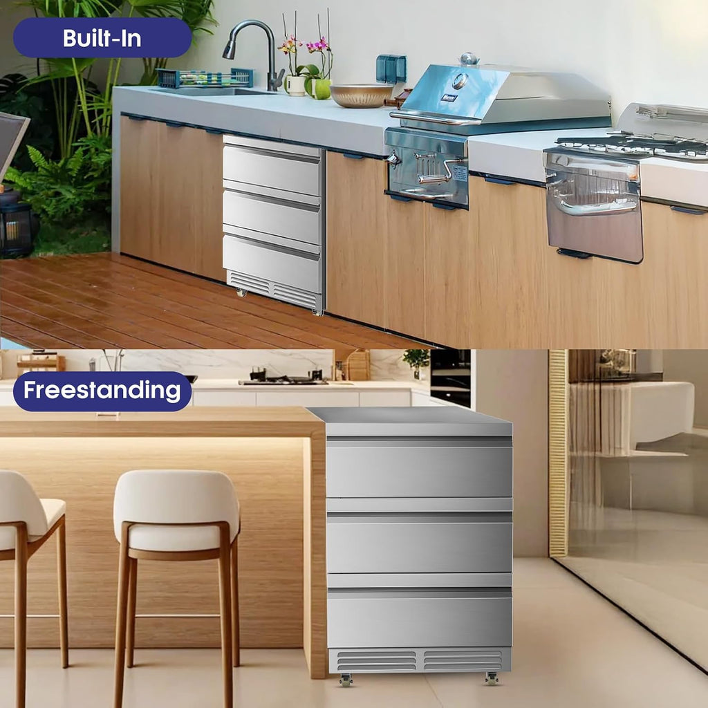 Tylza 3 Drawers Beverage Refrigerator, 190 Cans 24'' Beverage Fridge with Wheels, Outdoor Waterproof, All Stainless Steel Body, Undercounter or Freestanding, Drink Fridge for Home, Patio & Commercial