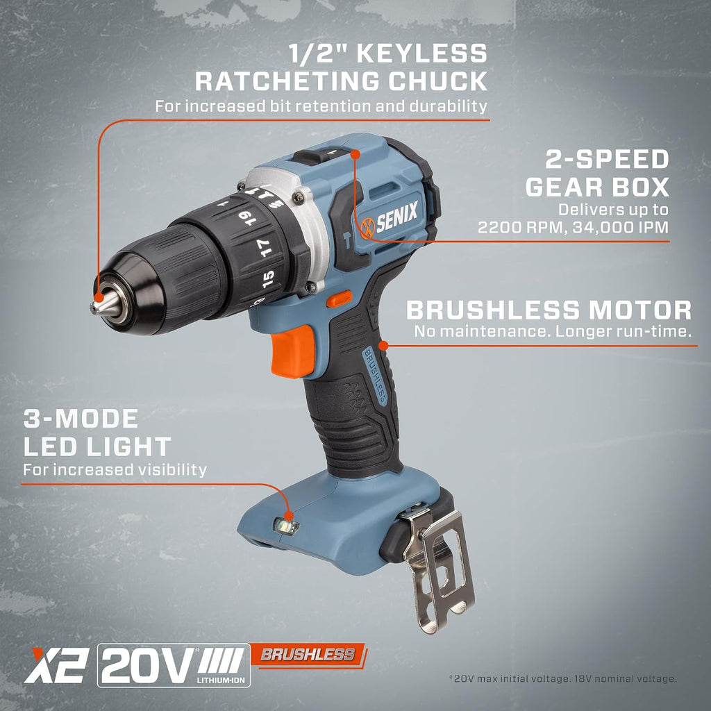 SENIX X2 20 Volt Max* 2-Piece Cordless Power Tool Kit with Battery Powered 1/2-Inch Hammer Drill Driver and 1/4-Inch Impact Driver, Includes Soft Bag, 2 2.0 Ah Batteries & Charger (S2K2B2-02)
