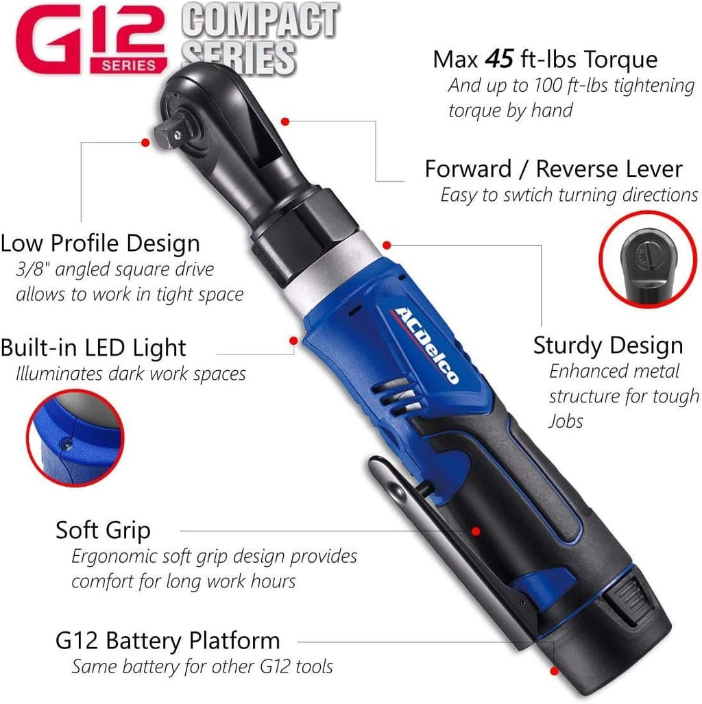 ACDelco Tools ARW1209-K92 G12 Series 12V Li-ion Cordless ¼' & 3/8' Ratchet Wrench Combo Tool Kit with 2 Batteries and Canvas Bag
