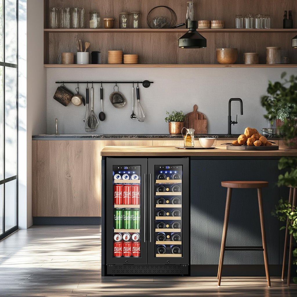 Tylza 24 Inch Wine and Beverage Refrigerator, Dual Zone Wine Beverage Cooler 24' with French Door, Under Counter Wine Beer Fridge Built-In or Freestanding, Holds 20 Bottles and 88 Cans, Black