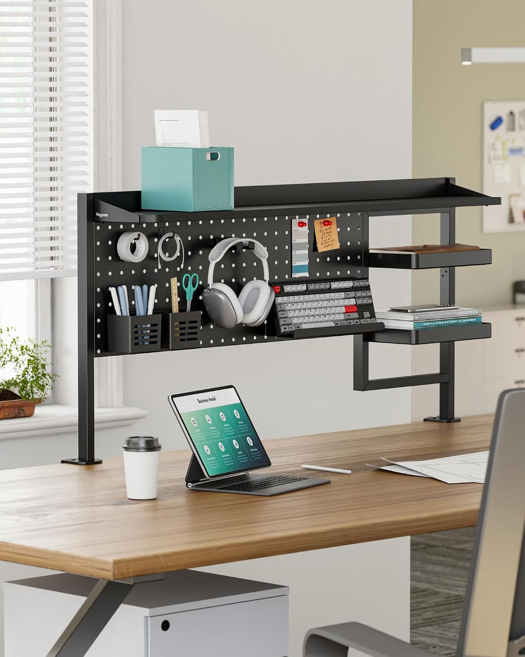PEGZONE Clamp on Desk Shelf, 44' Desktop Shelving System with Pegboard and Accessories, Desktop Organizer with 2-Tier Shelf, Desk Pegboard for Office Home Gaming, Black