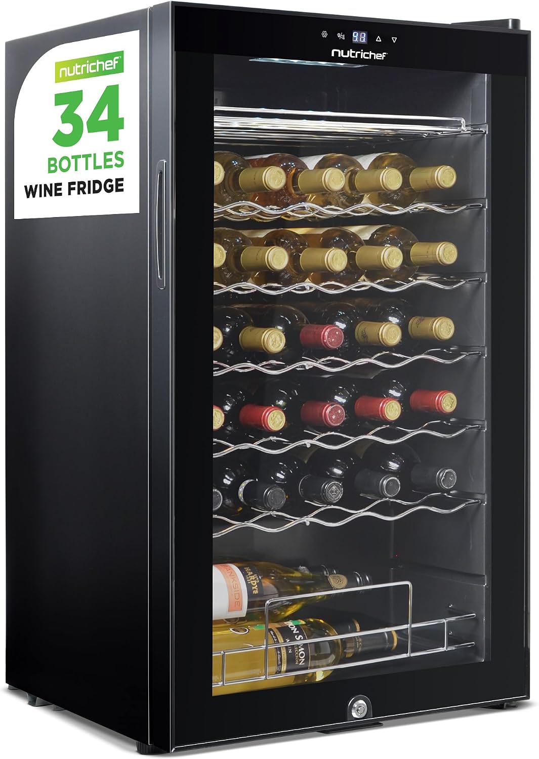 Nutrichef 34 Bottle Wine Fridge - Single Zone Beverage Refrigerator with Adjustable Temperature 41°F - 64°F, Ultra Quiet Operation Wine Cooler for Home, Office & Kitchen, Stainless Steel