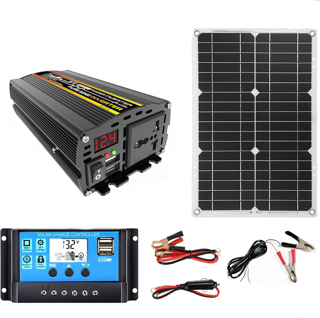 Solar Power System Dual USB 18W Solar Panel + 3000W Pure Sine Wave Power Inverter with Dual LED Display + 30A Solar Charge Controller Solar System Package