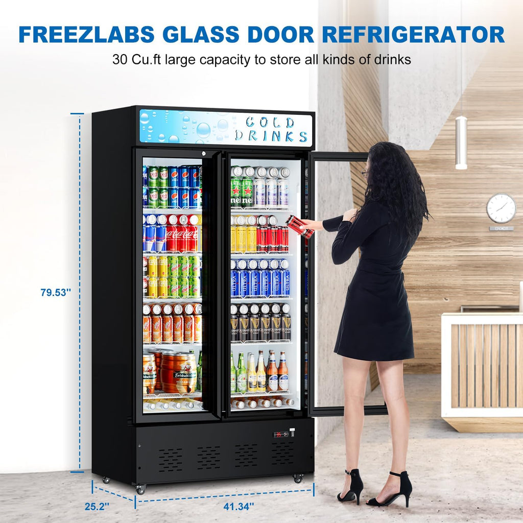 41.3''W Commercial Beverage Refrigerators, 30 Cu.ft. Glass Door Refrigerator Upright Display Cooler with Soft LED Light and Adjustable Shelves for Restaurant Grocery Stores Home