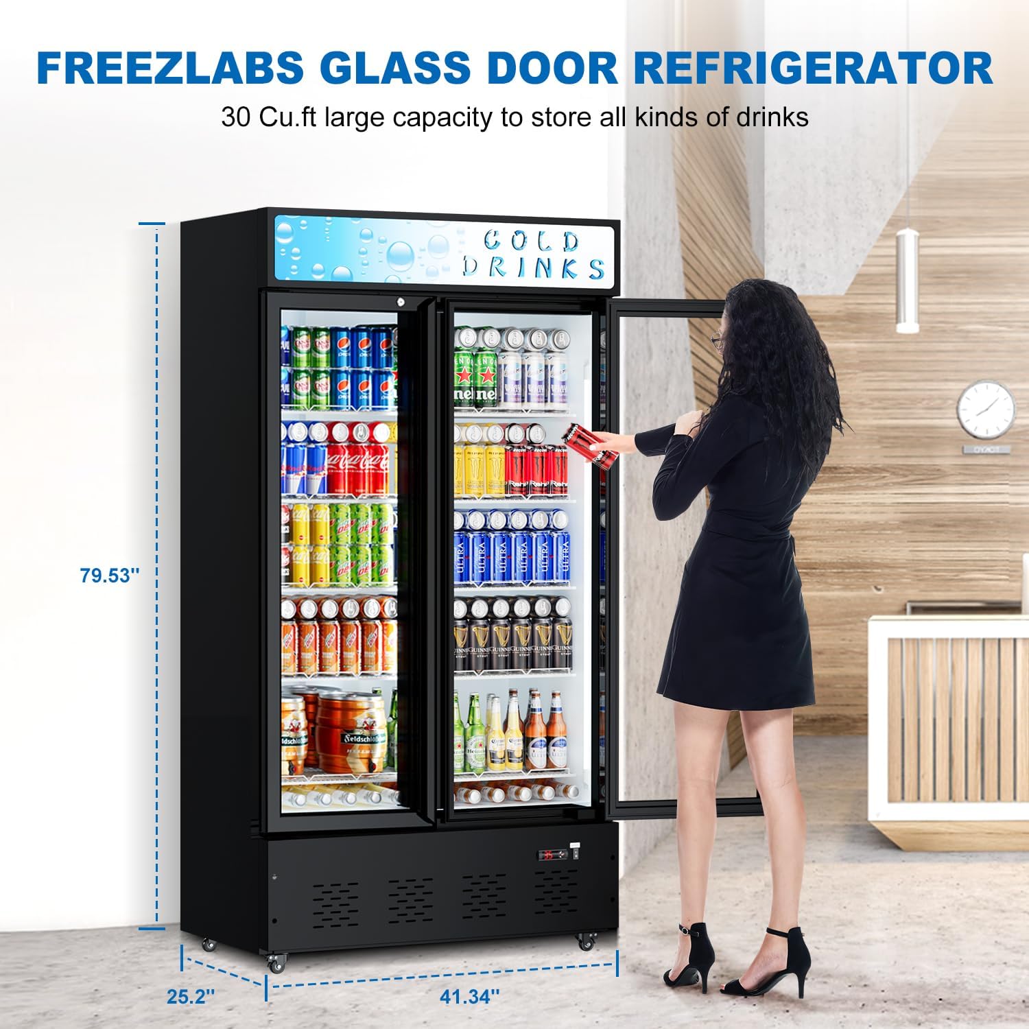 41.3''W Commercial Beverage Refrigerators, 30 Cu.ft. Glass Door Refrigerator Upright Display Cooler with Soft LED Light and Adjustable Shelves for Restaurant Grocery Stores Home