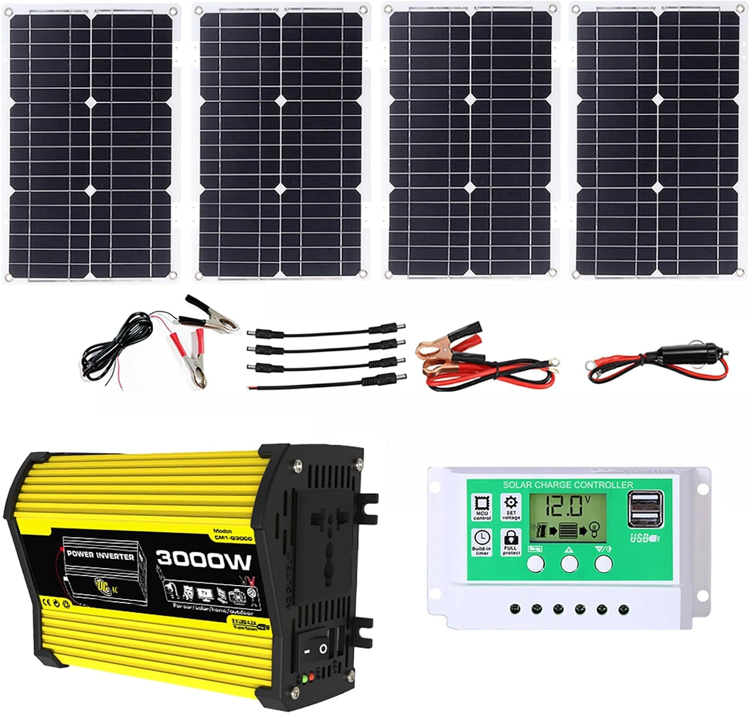 3000W Solar Power System with 100W Adjustable Panels, 50A Controller and 3000W Inverter, Fast Charging for Home and RV Off-Grid Use(Yellow,12V-220V)