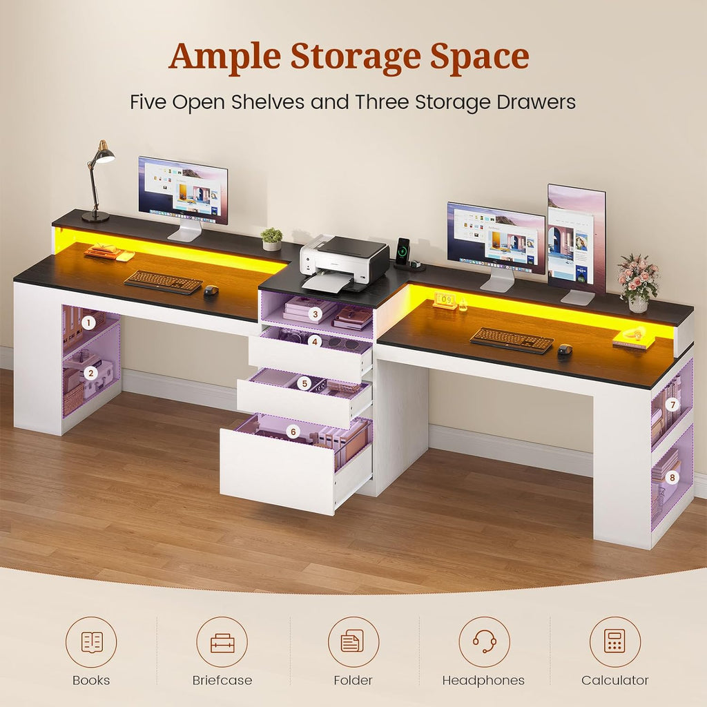 96.6' Long Computer Desk, 2 Person Desk with LED Lights & Power Outlet, Modern Two Person Gaming Desk with File Drawers, Monitor Stand, Printer Shelf ＆ Storage, Double Table for Home Office White