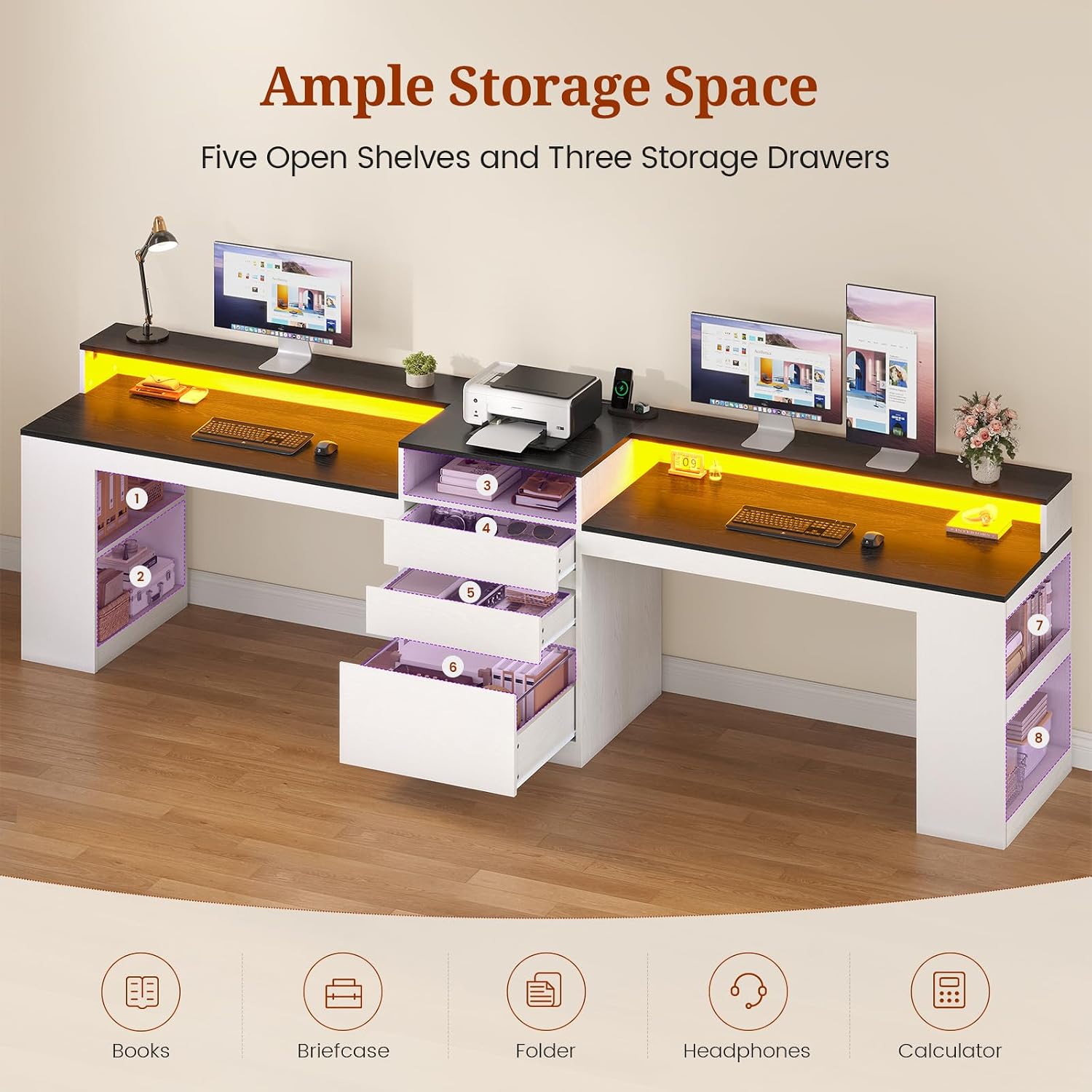 96.6' Long Computer Desk, 2 Person Desk with LED Lights & Power Outlet, Modern Two Person Gaming Desk with File Drawers, Monitor Stand, Printer Shelf ＆ Storage, Double Table for Home Office White