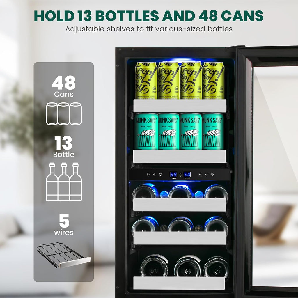 15 Inch Wine and Beverage Refrigerator,13 Bottle & 48 Cans Black Dual Zone Beverage Refrigerator,Under Counter Beverage Fridge with Glass Door,Control Panel for Wine Soda,Beer-Kitchen Home