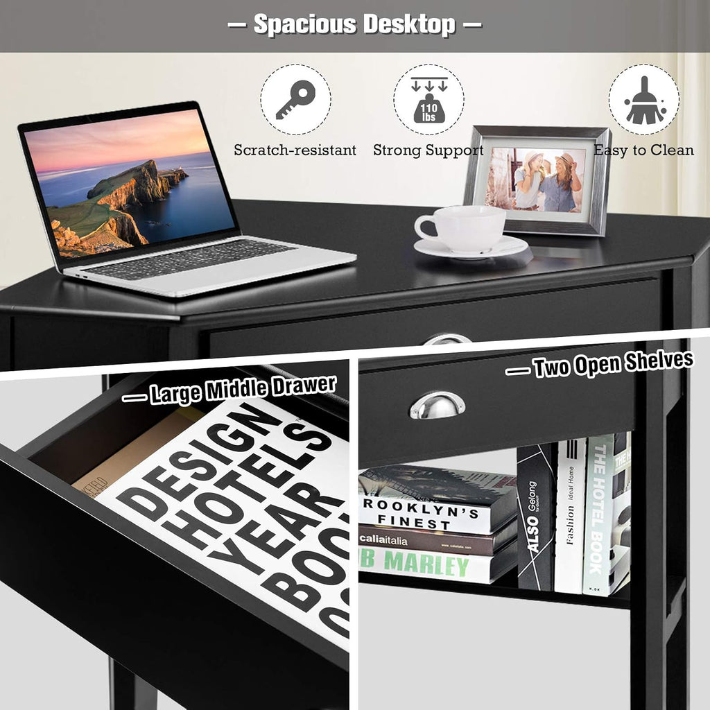 COSTWAY Corner Desk with Drawer for Small Space, Wood Makeup Vanity, Shelves, Office Study Workstation (Black)