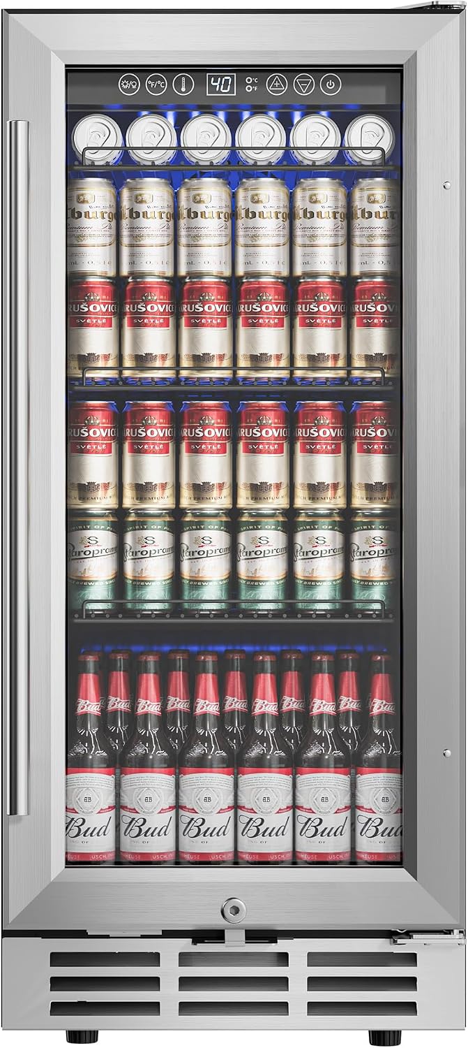 Icyglee 15'' Beverage Refrigerator Cooler - 126 Cans Under Counter Beverage Fridge with LED Light, Built-in Design, Wine Cooler for Home/Kitchen
