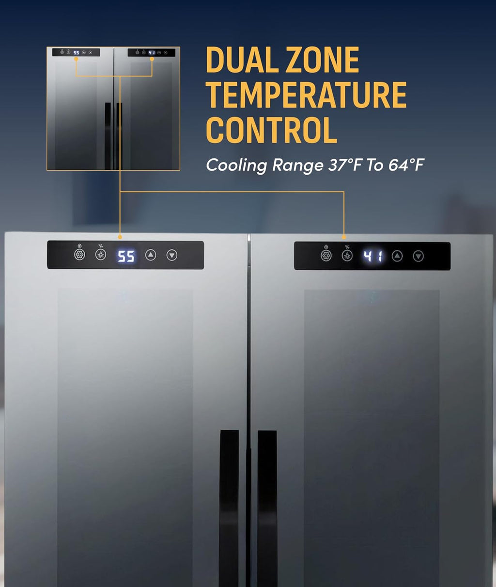 NewAir 20' Dual Zone Beverage Refrigerator & Wine Cooler for 12 Bottles & 39 Cans | Freestanding or Built-In Under Counter Mini Fridge for Beer, Wine and Soda | Black