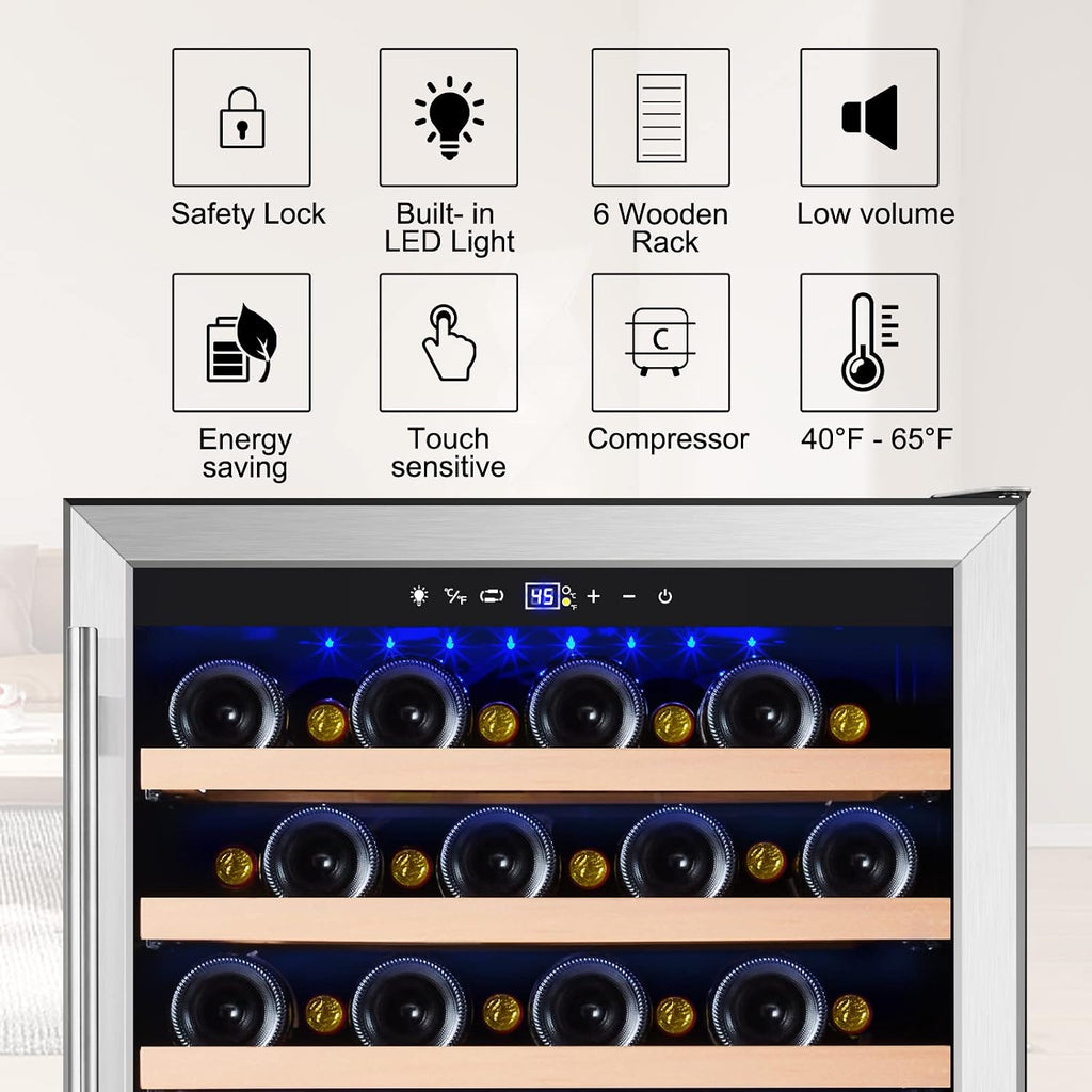 Tylza 24 Inch Wine Fridge, 54 Bottles Wine Refrigerator, Under Counter or Freestanding, 40-65°F, Lock, Double Layer Tempered Glass Door, Wine Cooler Refrigerator with Adjustable Wooden Shelves