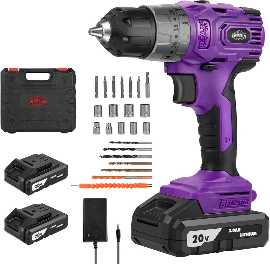 Purple Brushless Cordless Drill Set, 20V Compact Power Driver Kit with Electric Motor, 20+3 Torque Setting, 48 N.m, 2 Variable Speed, 23pcs Driver Bits, and Tool Box for Women Men Home DIY