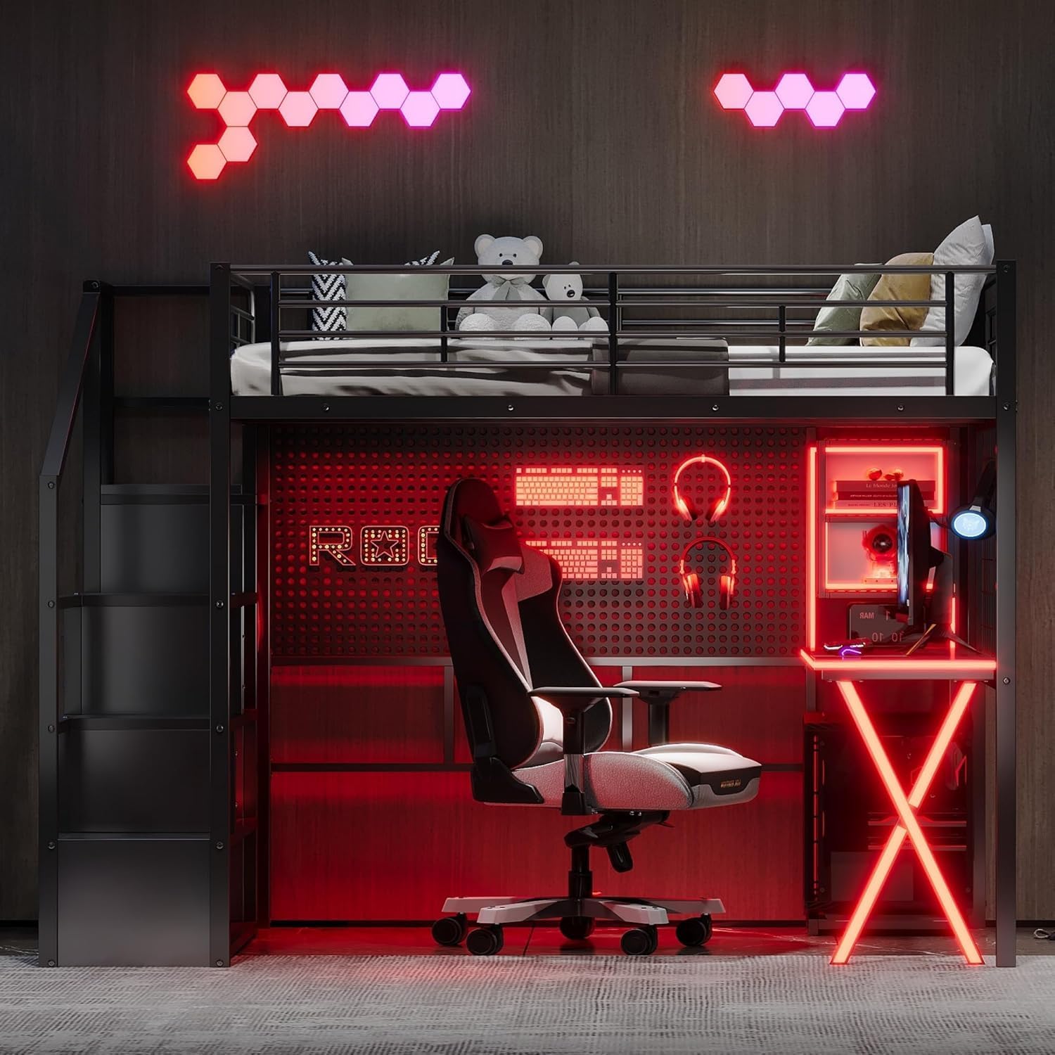 MERITLINE Full Gaming Loft Bed with Desk and Storage Wardrobe& LED RGB,Metal Gaming Bed with Stairs and Storage Case,for Adults Teens (Black)