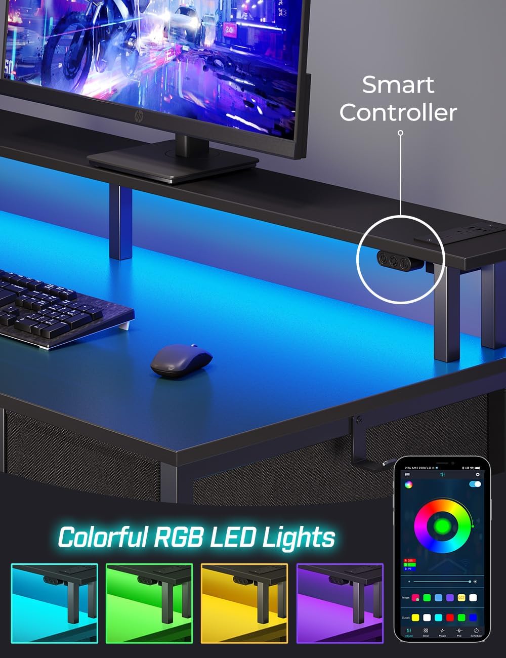 Seventable Computer Desk with Power Outlets & LED Light, 39 inch Home Office Desk with 5 Drawers, Writing Desk with Monitor Stand,Work Desk for Home Office, Black