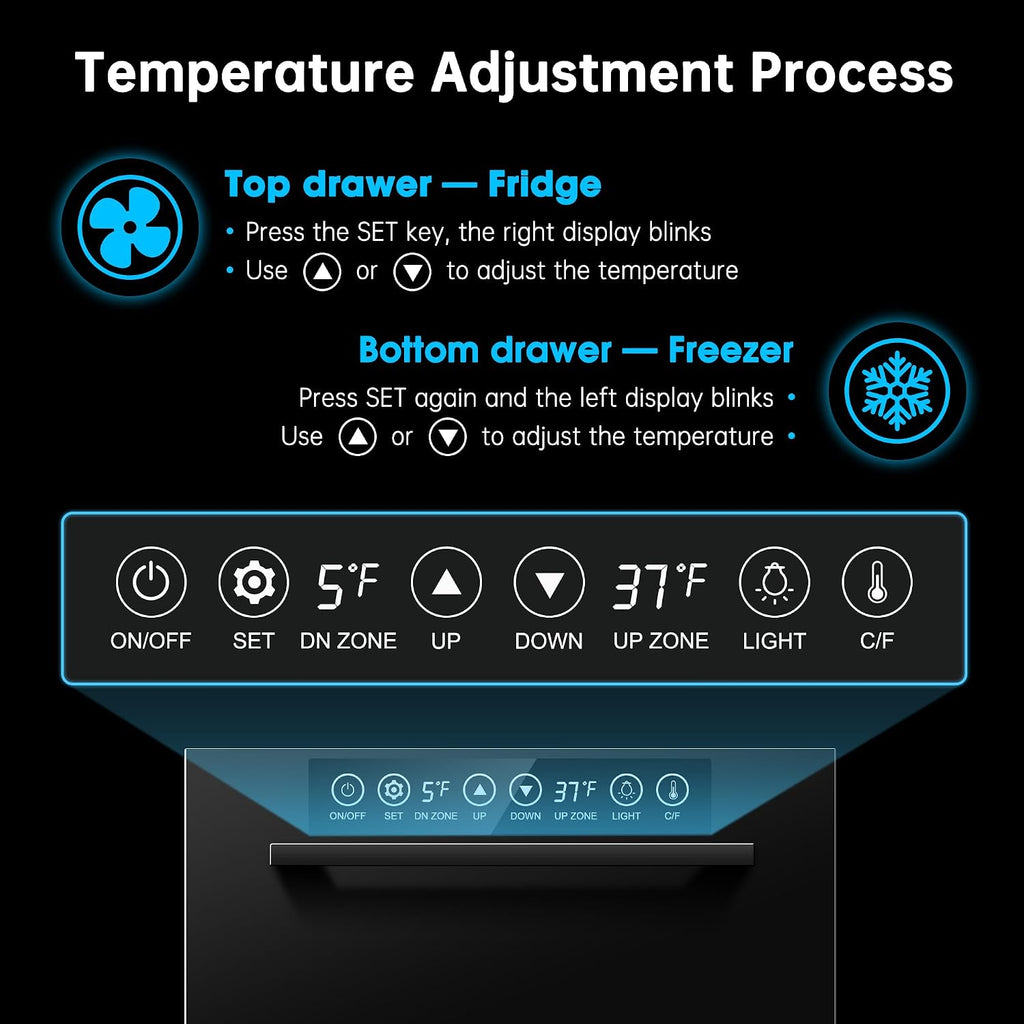 24Inch Double Drawer Refrigerator with Freezer,Under Counter Beverage Fridge for Indoor Outdoor Kitchen, Waterproof Black Stainless Steel Freezer for Freshness & Freezing Meat (-0.4℉ to 50℉)