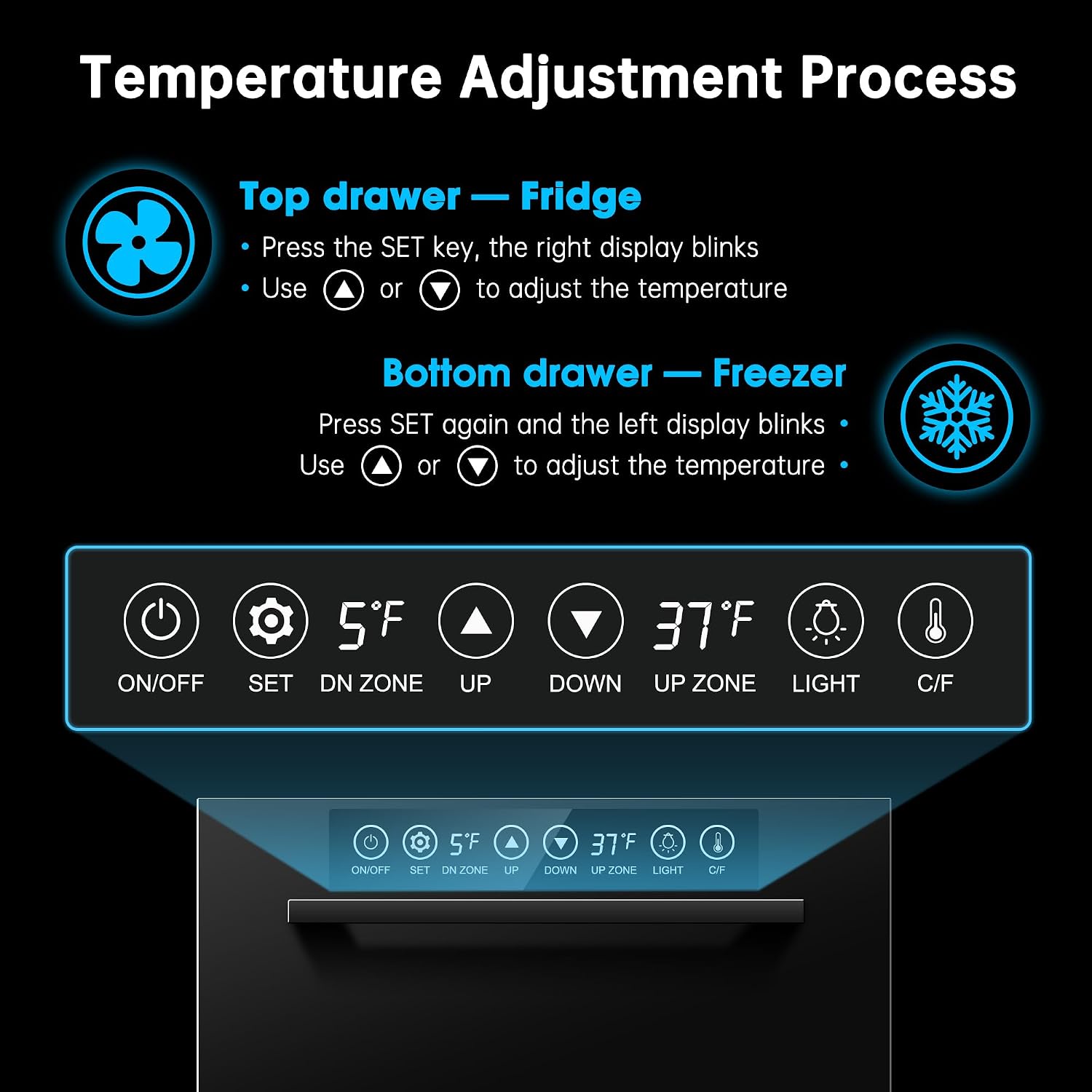 24Inch Double Drawer Refrigerator with Freezer,Under Counter Beverage Fridge for Indoor Outdoor Kitchen, Waterproof Black Stainless Steel Freezer for Freshness & Freezing Meat (-0.4℉ to 50℉)