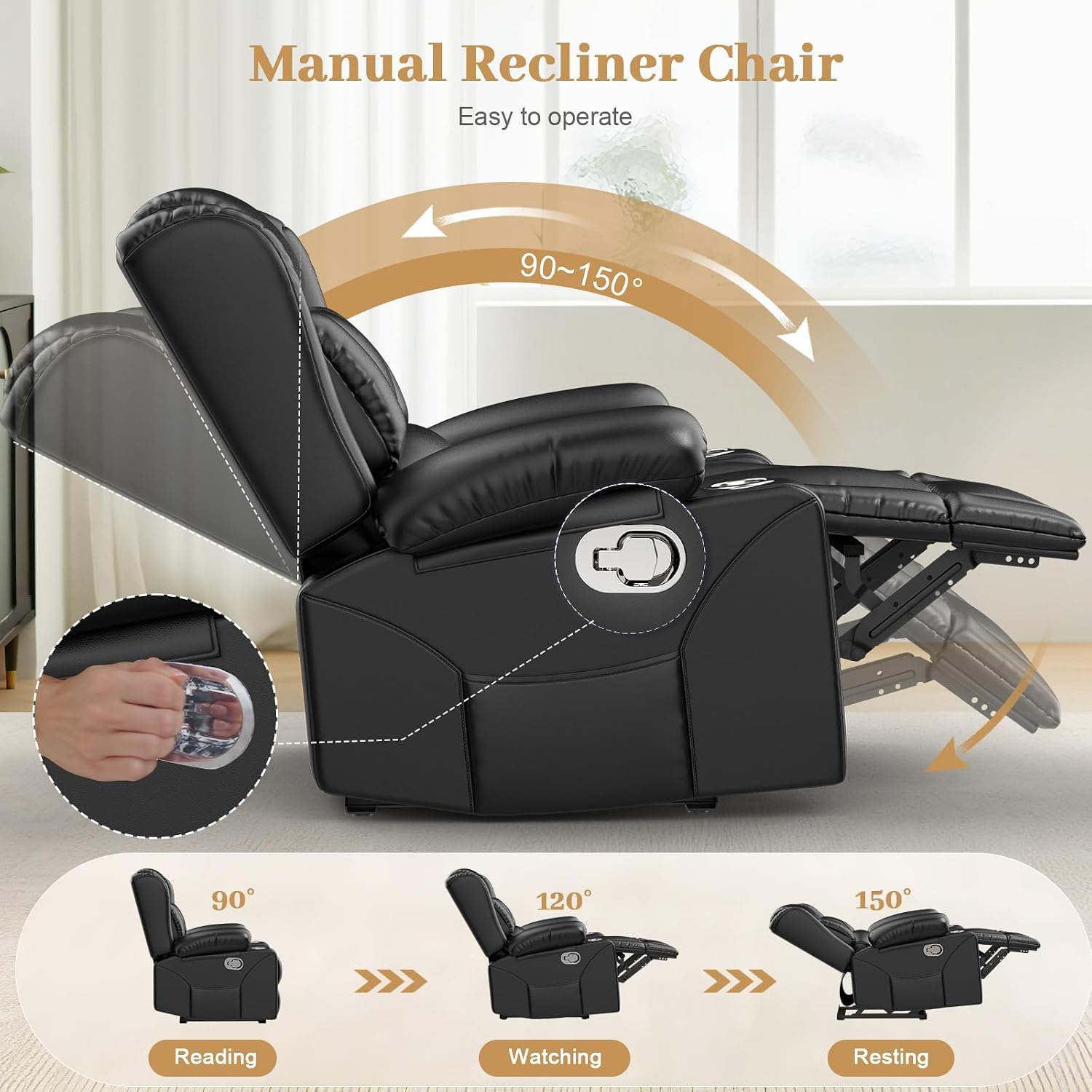 FURNIMAT Recliner Chair, Oversized Manual Reclining Chair for Adults, Single Reclining Sofa with Cup Holder & Pocket, Lounge Recliner for Living Room Home Theater Seating RV Chairs