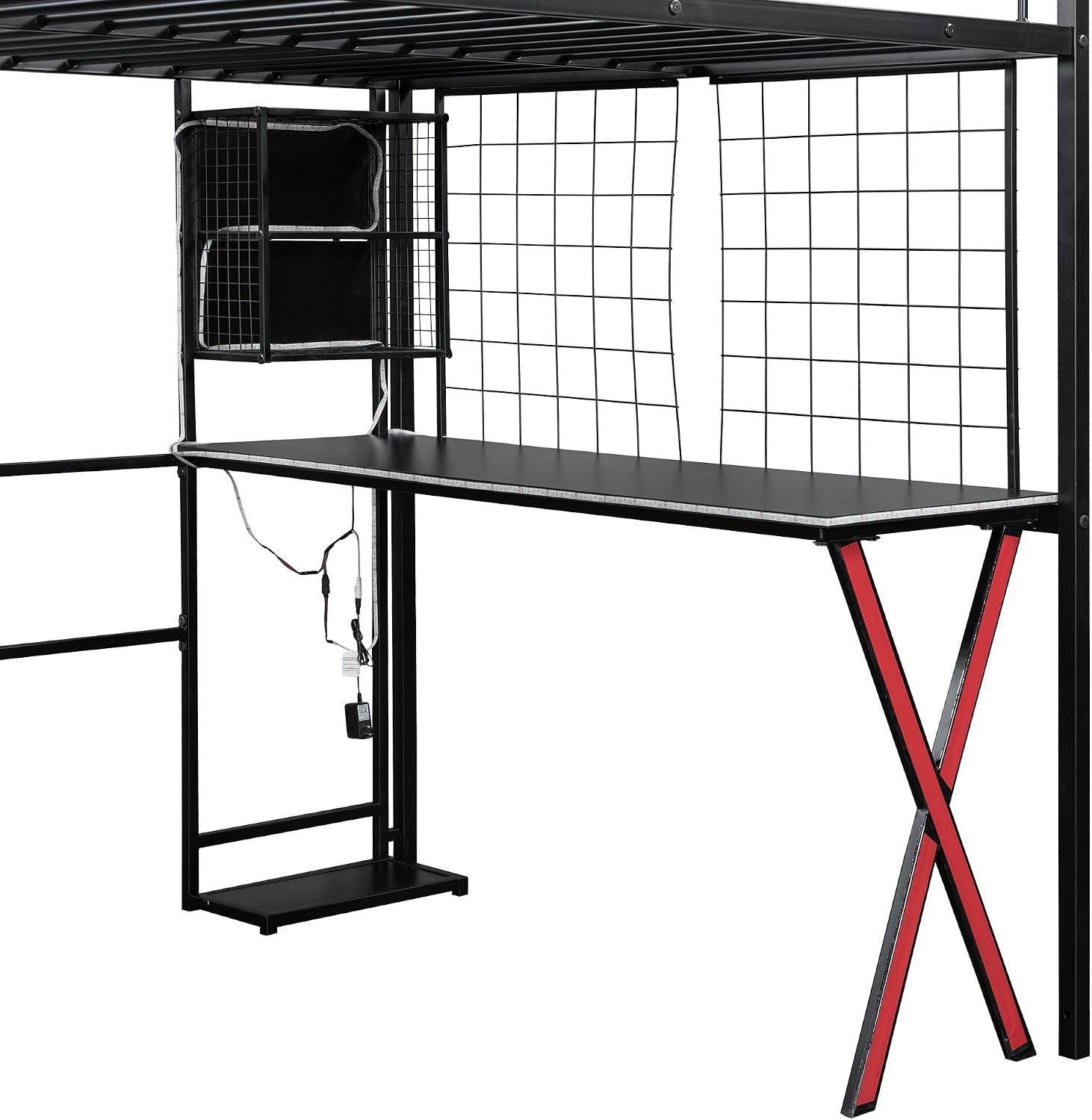 MERITLINE Full Gaming Loft Bed with Desk and Storage Wardrobe& LED RGB,Metal Gaming Bed with Stairs and Storage Case,for Adults Teens (Black)