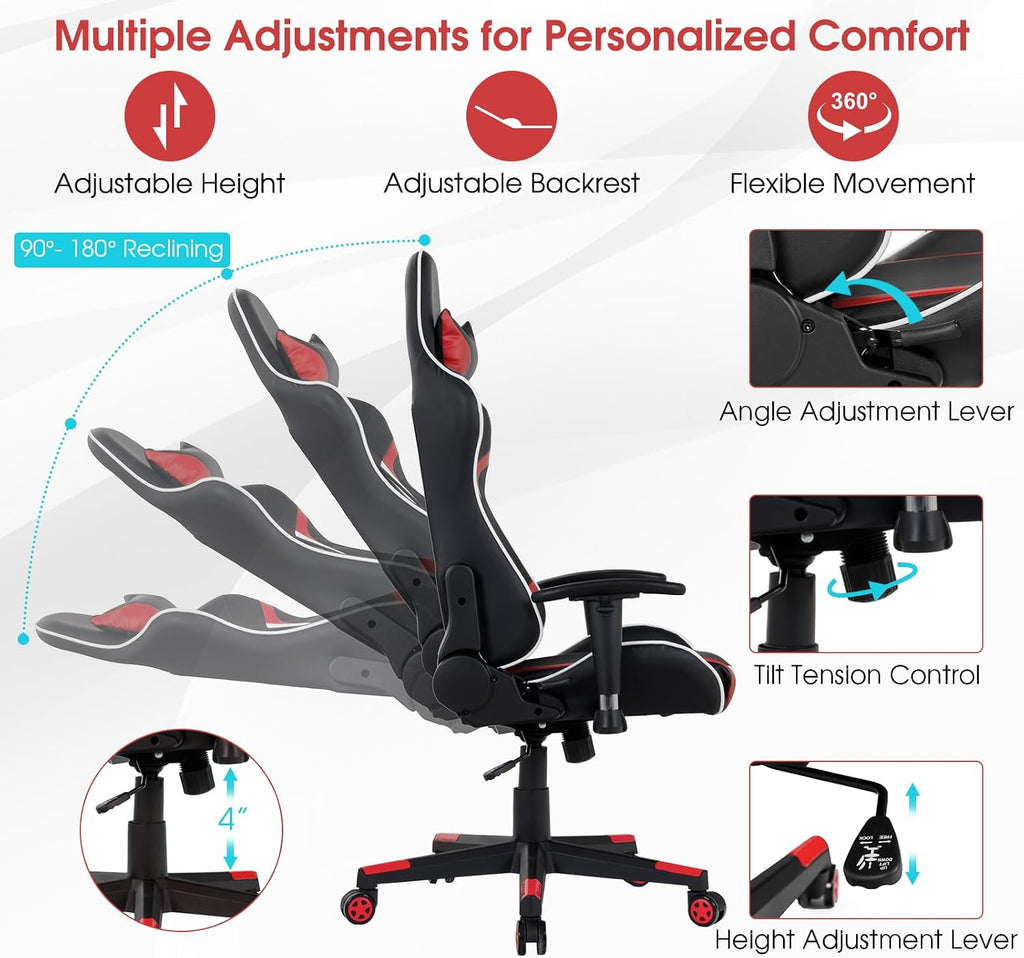 Tangkula Gaming Desk and Chair Set, Ergonomic Gamer Desk & Racing Chair Set Cup Holder, Headphone Hook, Handle Rack & Monitor Stand, Massage & Headrest, Home Office Computer Desk Chair Set (Red)