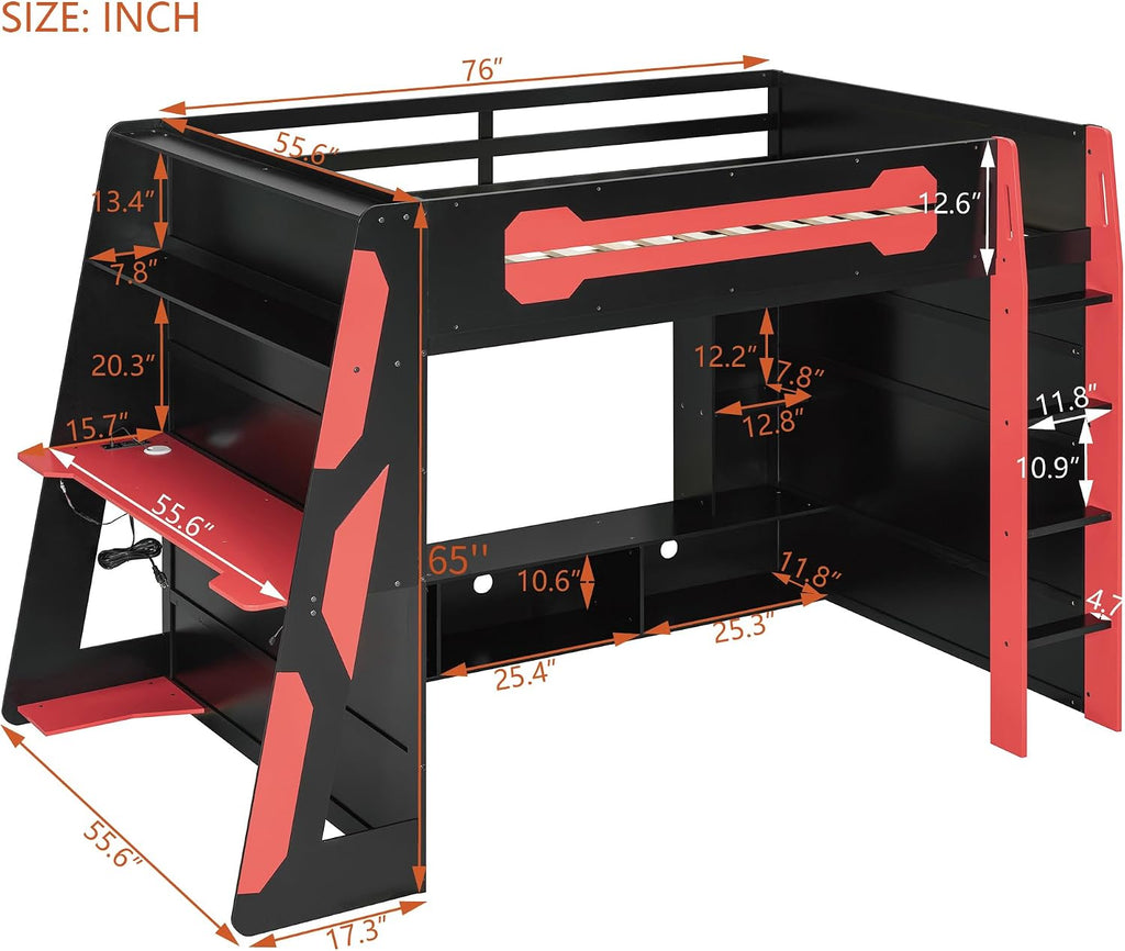 LUMISOL Full Size Gaming Loft Bed with Desk, Multi-Storage Shelves, RGB LED Lights & Built-in Charging Stations for Teens & Adults, Heavy Duty Support, Red Black