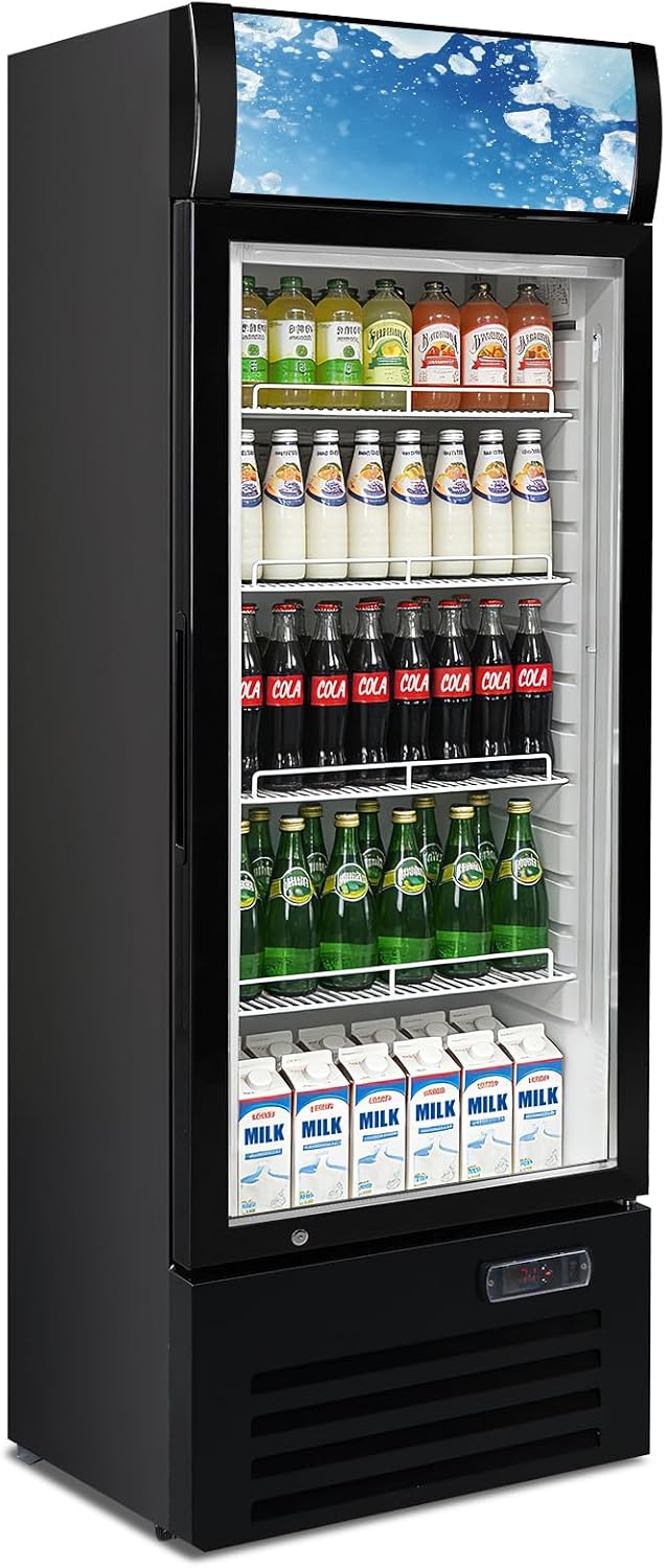 12.5 Cu Ft Commercial Beverage Refrigerator with 1 Glass Doors - Upright Drink Cooler Merchandiser with LED Light Display, 4 Adjustable Shelves, Black, ETL Approved for Business & Retail