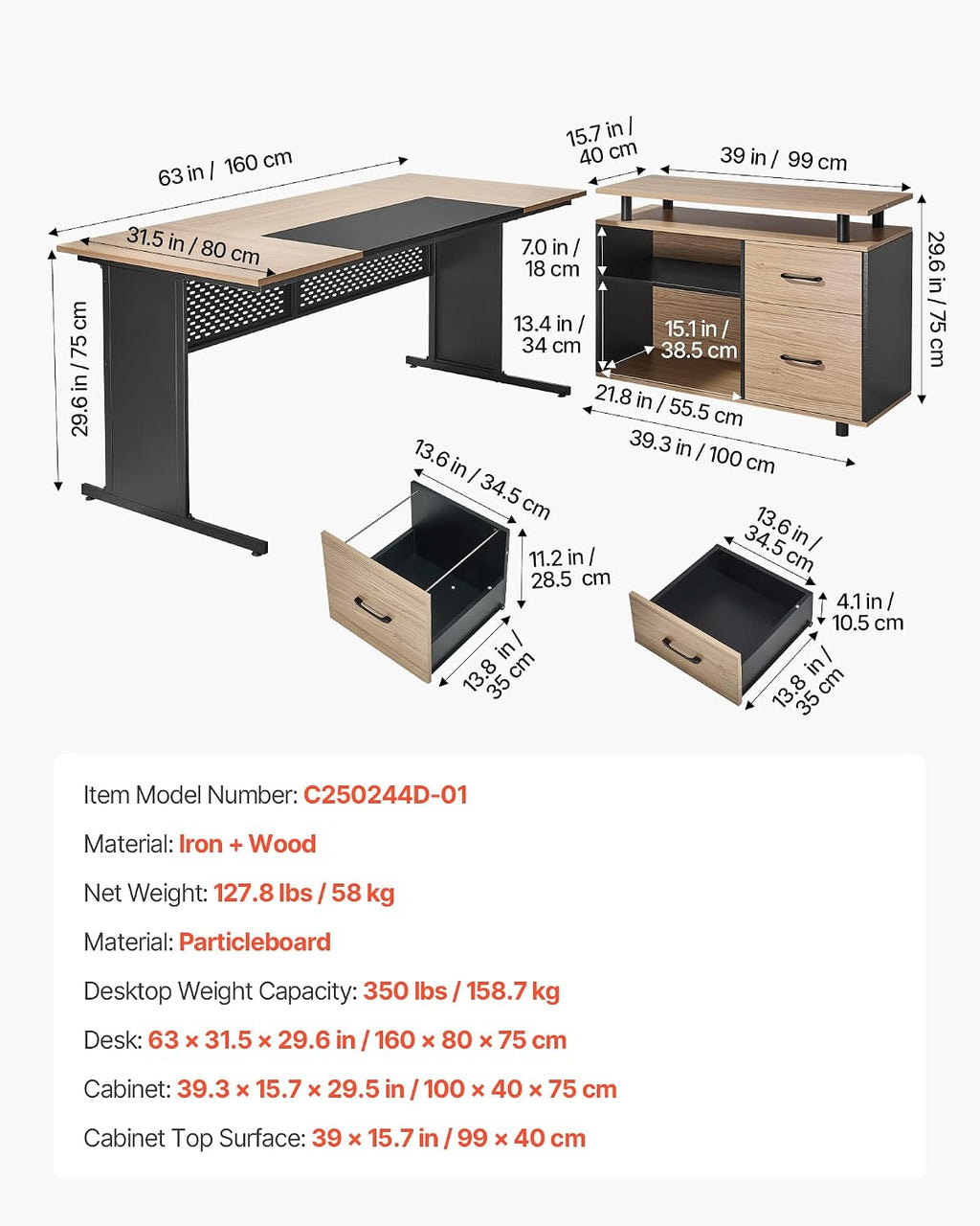 VEVOR 63' L-Shaped Executive Desk, Large Office Desk with Drawers, File Storage Cabinet, Detachable 350 LBS Load Capacity Corner Table, Easy Assembly, Business Furniture Workstation for Home Office