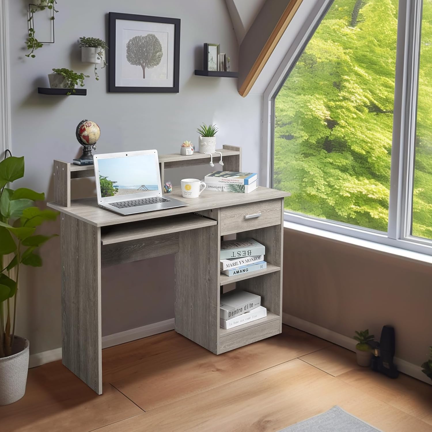Karl home Computer Desk Study Writing Desk, Wooden Home Office Workstation PC Laptop Table with Drawer Shelf Keyboard Tray, Grey