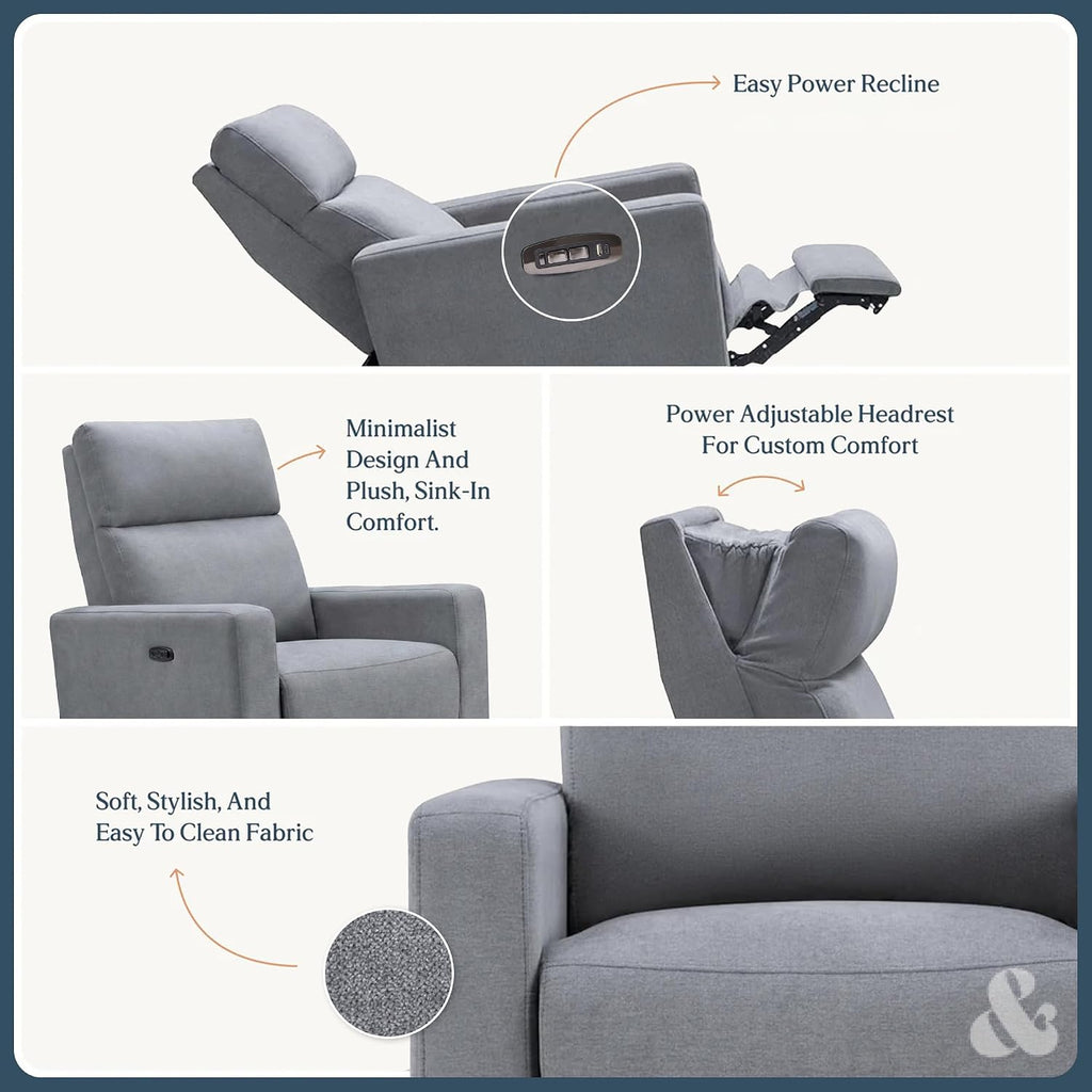 Nurture& The Glider Premium Power Recliner Nursery Glider Chair with Adjustable Head Support | Designed with a Thoughtful Combination of Function and Comfort | Built-in USB Charger (Gray)