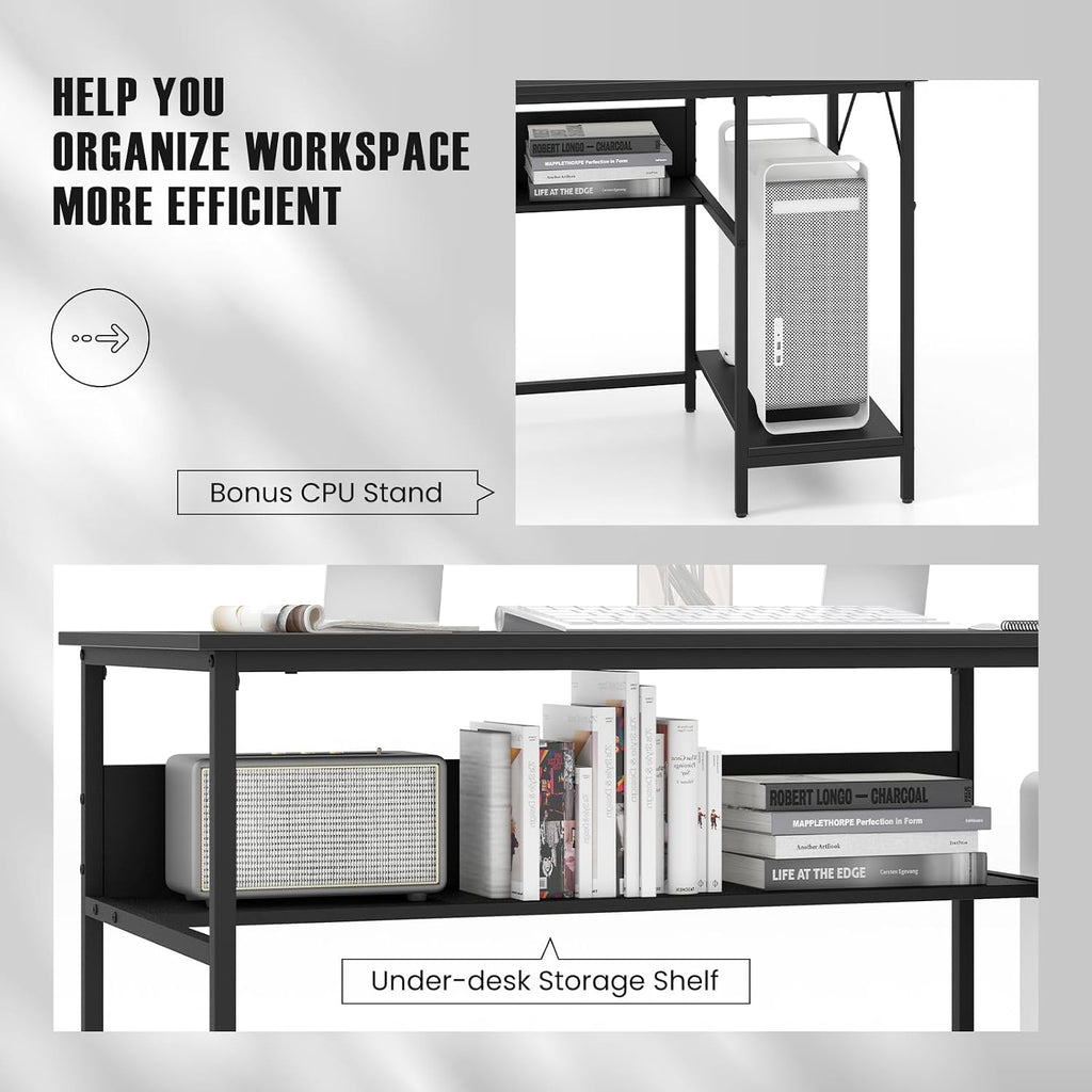 Tangkula 55 Inch Computer Desk with Power Outlets & USB Ports, Home Office Desk with Built in Charging Station with Switch, Computer Workstation Writing Study Desk with Storage Shelf & CPU Stand